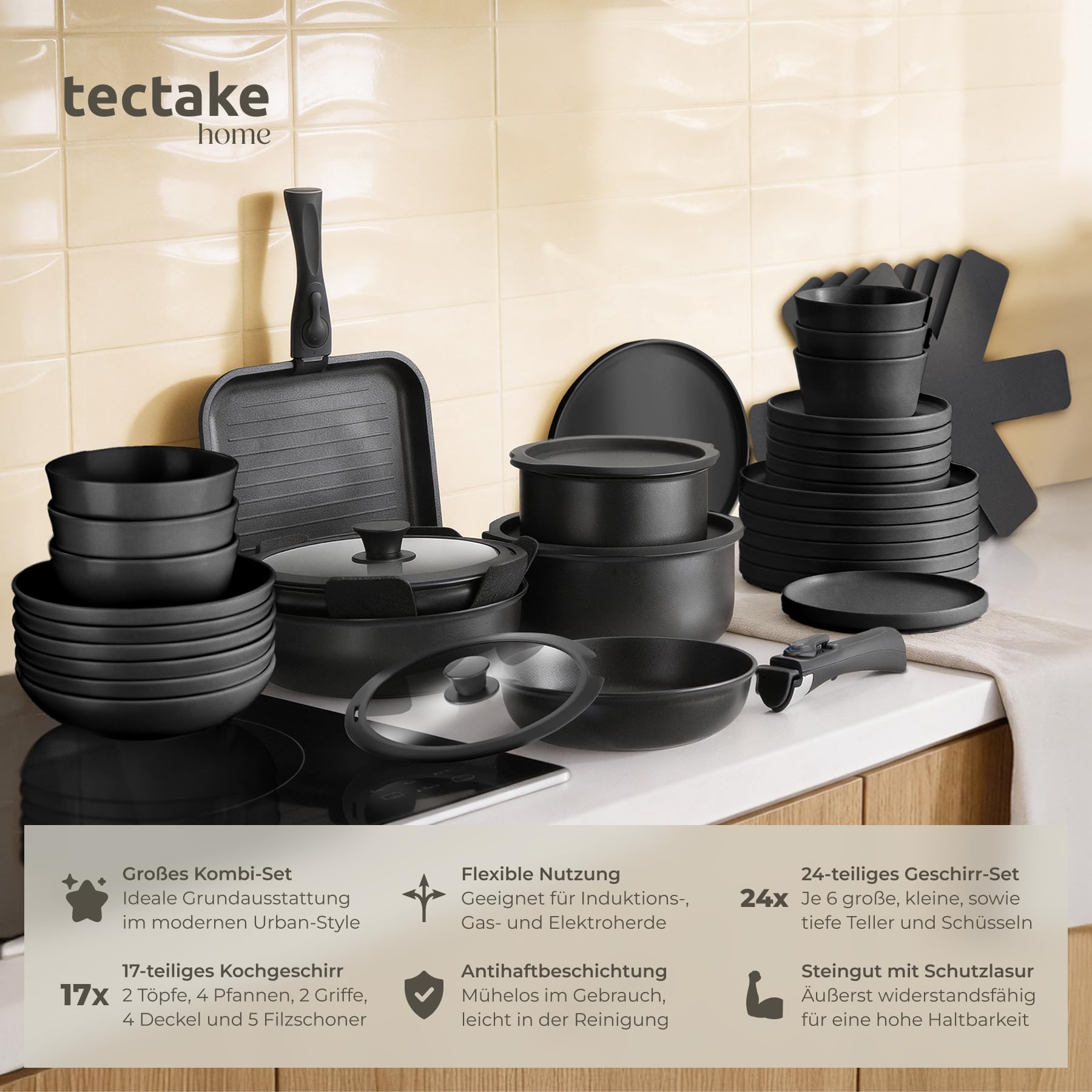 tectake® 41-tlg. Küchenstarterset, Steingut Geschirrset 6 Personen, Teller Set, 2x Kochtopf, 4x Bratpfanne mit Deckel, rostfrei, abnehmbare Griffe, induktionsgeeignet, inkl. Topfschoner - schwarz