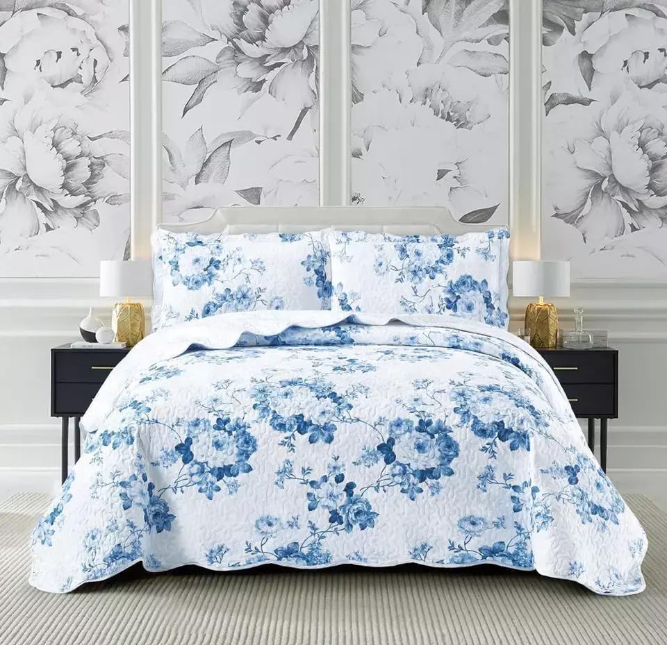 Online Bedding Quilted Patchwork Bedspread - Hypoallergenic, Machine Washable Duvet & Pillowcases Bedding Set (Vintage Blue, Single)