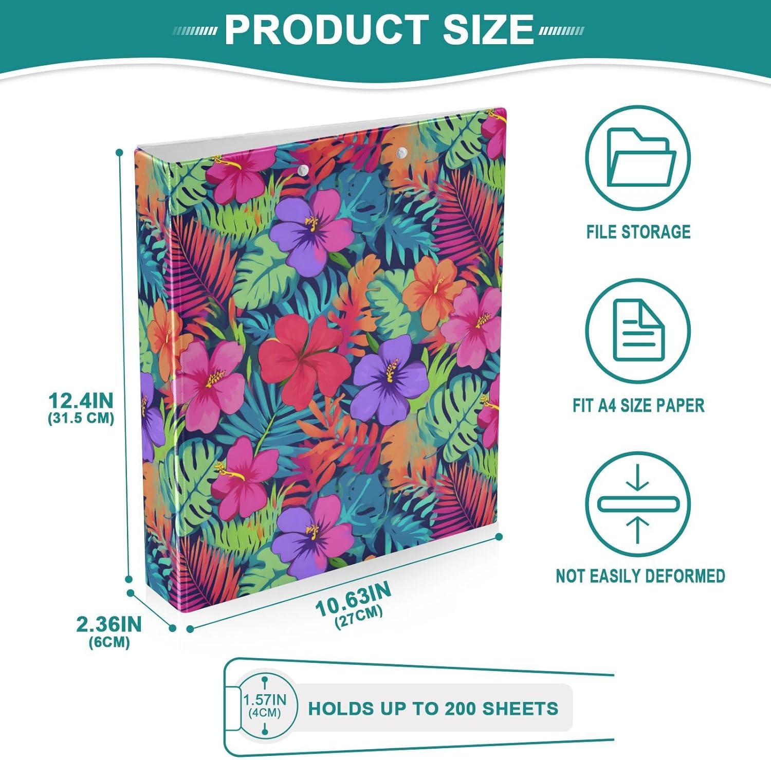 Leaf Hibiscus Flower 3 Ring Binder 200 Sheet Capacity Round Rings for School Home Office, 1 Pack