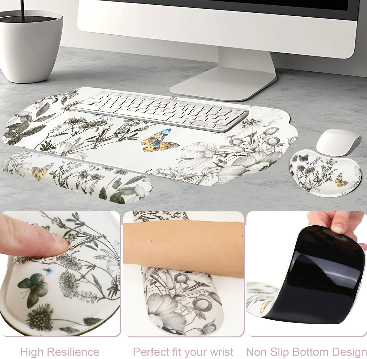MEGREZ Large Mouse Pad&Wrist Rest Support for Mouse&Keyboard Wrist Rest, Ergonomic Memory Foam Wrist Rest, 3-in-1 Non-Slip Base Cloud Shape Desk Pad Mat for Home/Office, Butterfly and Flower