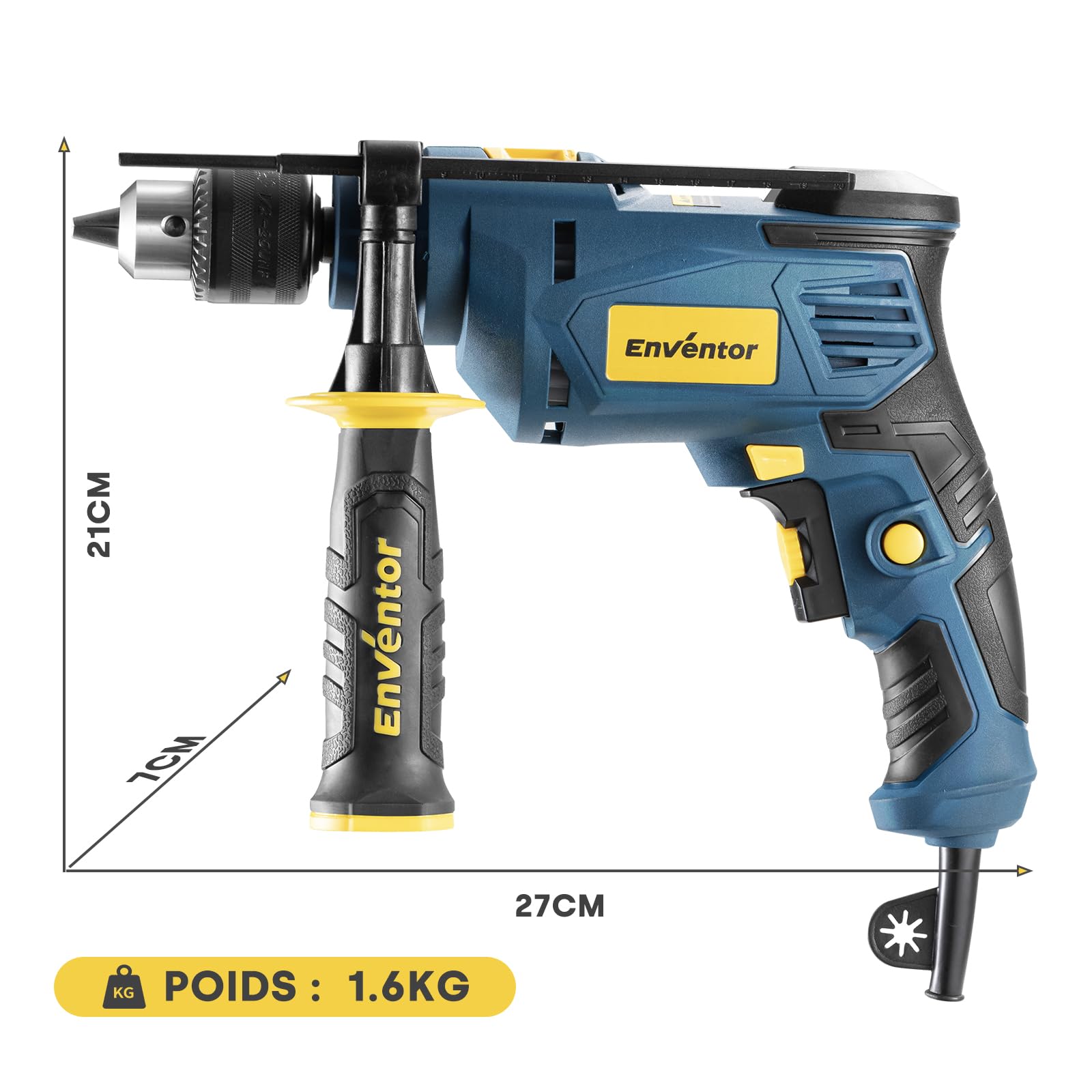 Enventor Perceuse à Percussion Filaire 750W, Perceuse électrique avec 9 Forets, Fonction 2 en 1, variateur de vitesse électronique, poignée pivotante à 360°, pour Béton, Métal et Bois