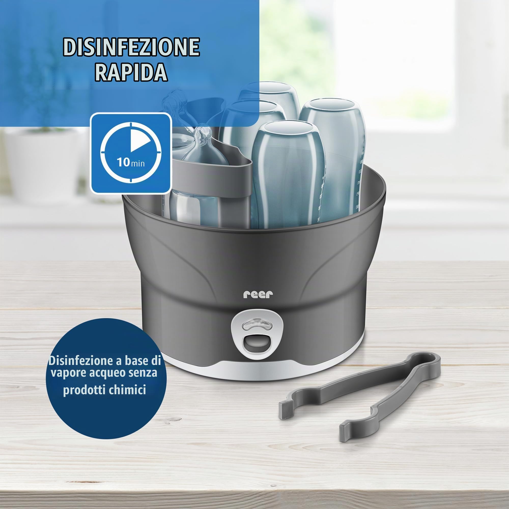 reer - VapoMat S disinfettante disinfettante in soli 10 minuti fino a 6 biberon