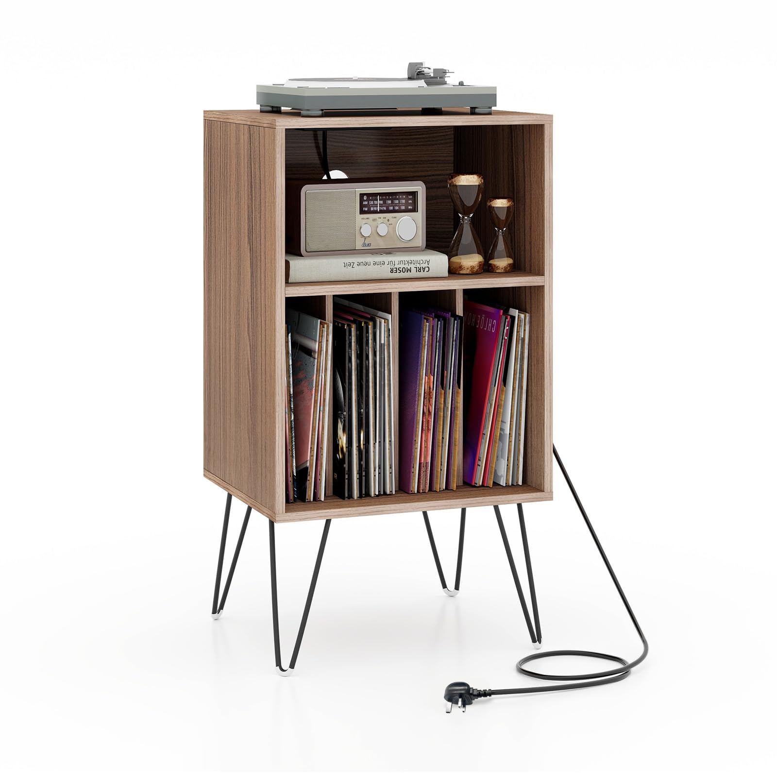CASARTRecord Player Stand, Turntable Stand with Charging Station & Metal Legs, Open Shelves & Cable Hole, Vinyl Record Storage Cabinet for Living Room Bedroom Office (Walnut)
