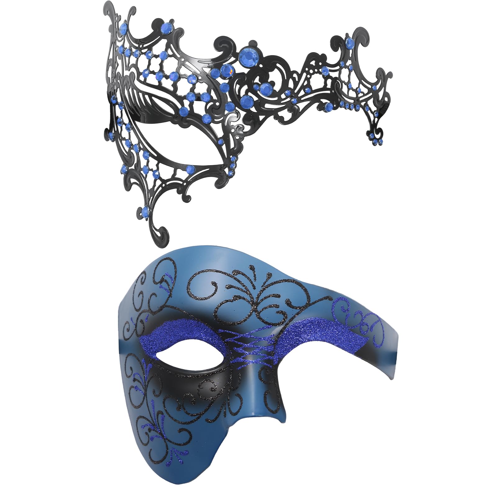 Oidea Masquerade Mask Couples Set: Vintage Metal Cosplay Venetian Party Mask One Eyed Half Face Masks Halloween Costume Mardi Gras Masks for Couples Women and Men Blue