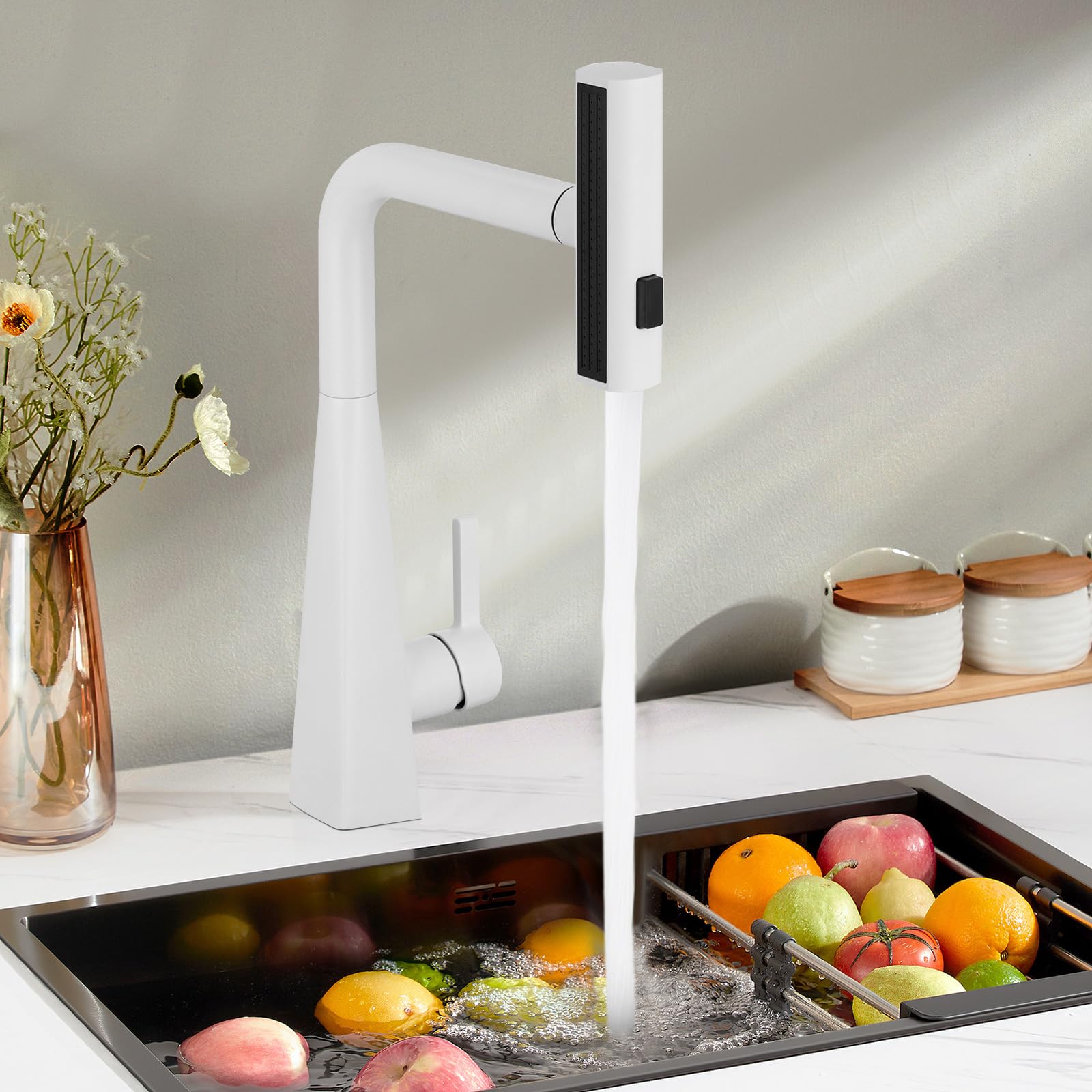 Robinet de cuisine rotatif à 360 ° - Extensible - Avec douchette - Mitigeur de cuisine avec douchette - 3 modes - En acier inoxydable - Blanc