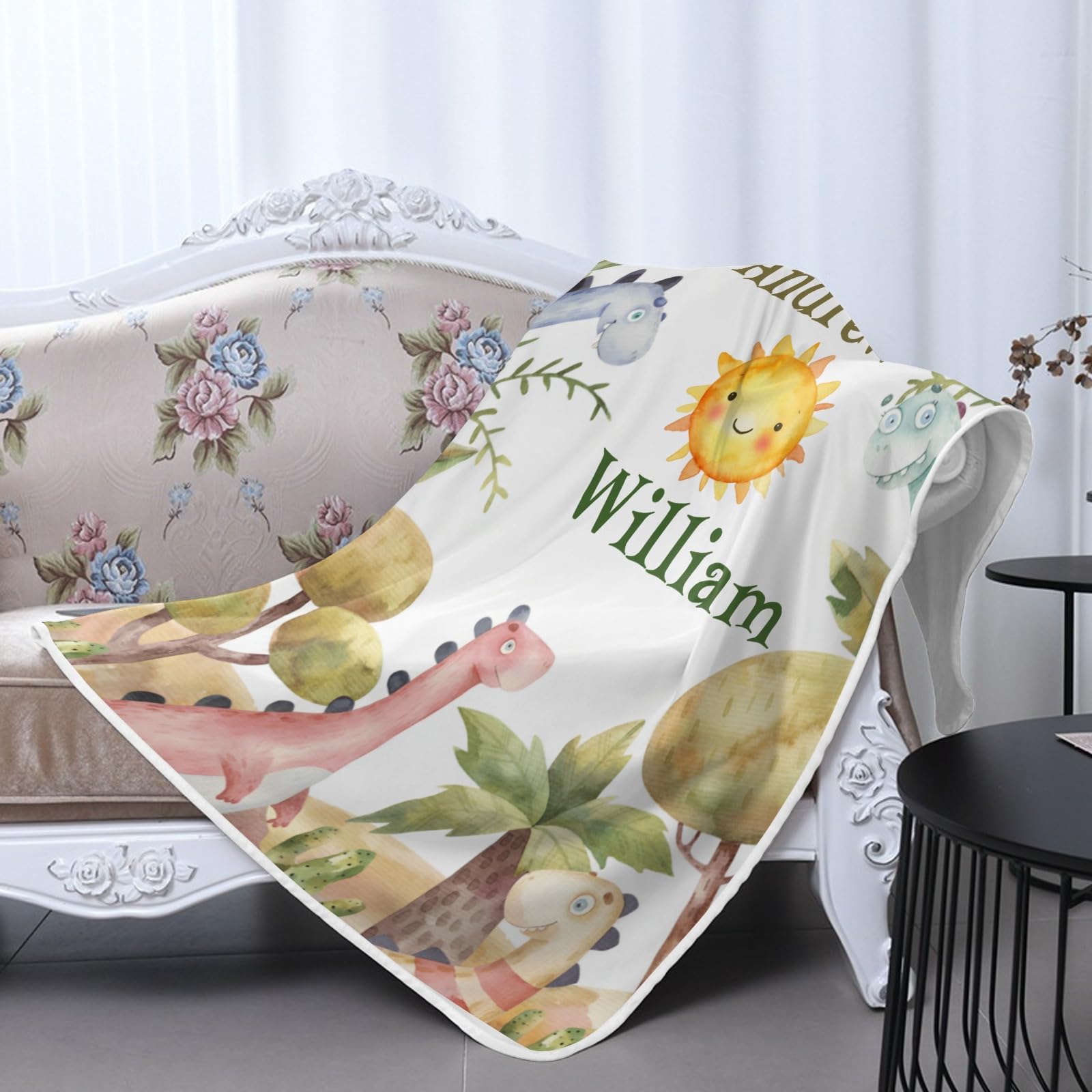 Personalized Name Dinosaurs Watercolor Jungle Sun Heat Relief Bedding, Gifts for Boys Teens,10x15Inch