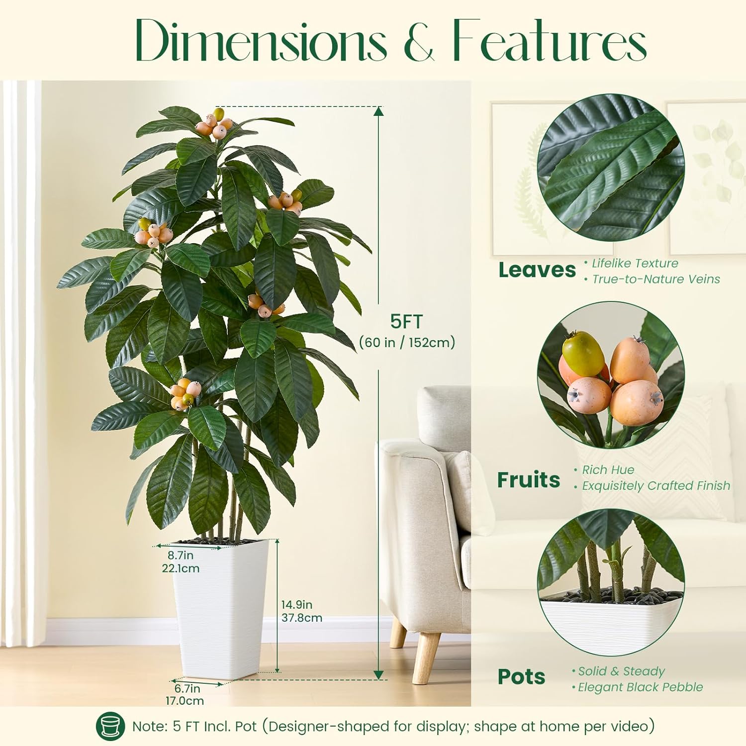 Artificial Loquat Tree：Faux Tree Realistic Fake Tropical Fruit Plant Large Silk Floor Plants with Lifelike Fruits&Pot for Home Decor Indoor Outdoor Room Office Patio Balcony(5FT,1-Pack,White) - Image 2