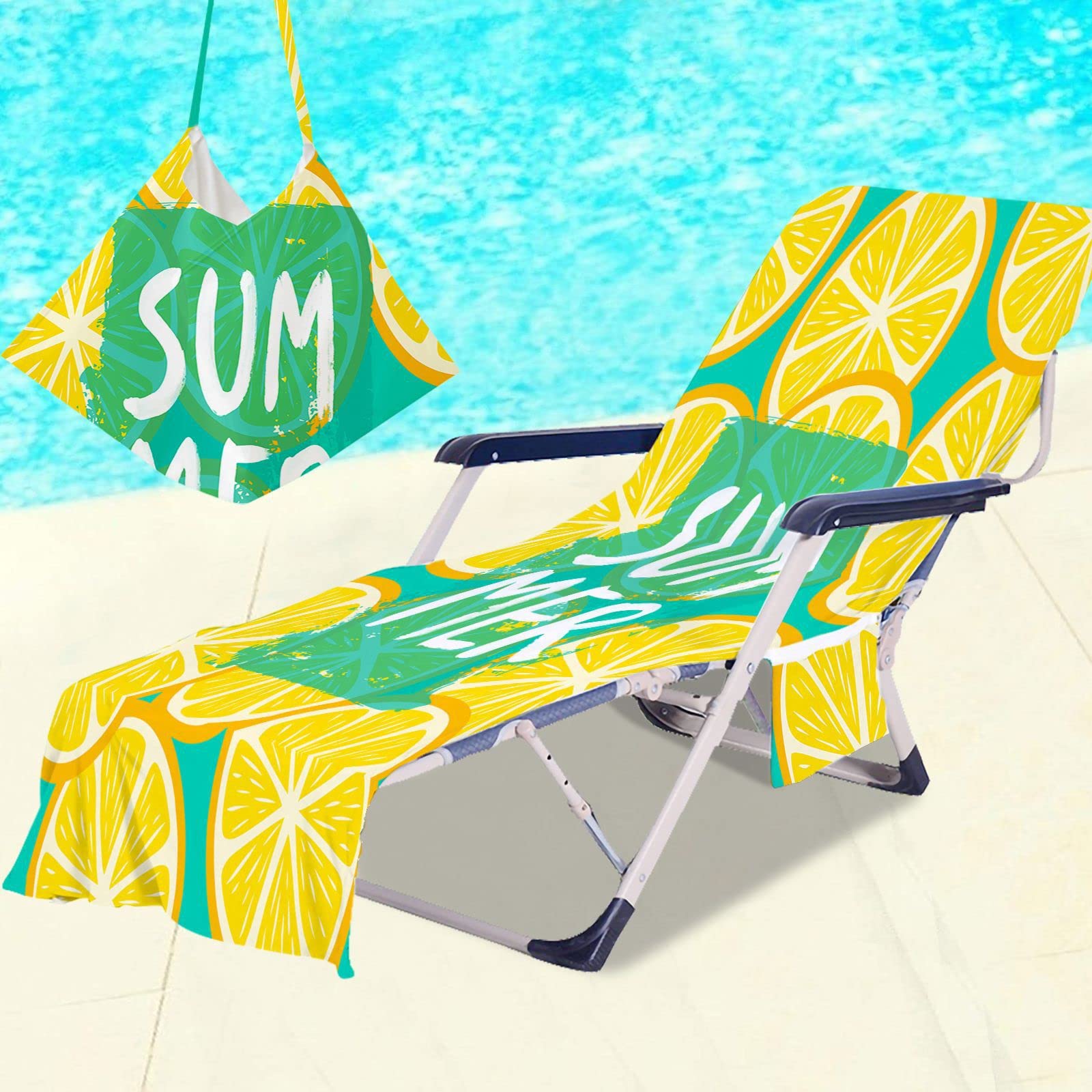 Surwin Sun Lounger Beach Towel with Pockets, Tropical Fruit Print 3D Summer Beach Chair Cover Chaise Lounge Towel Cover Mate Sunbed Towels For Holiday Garden Outdoor Pool (75x210cm,Summer)