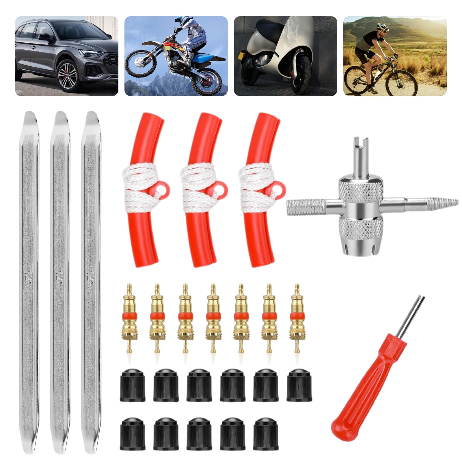 27 Pezzi Combinazione Leve per Pneumatici, 30cm / 11.8inch Ferro di Montaggio, Con 3 Protezioni per Cerchioni delle Ruote, Strumento per Montaggio Pneumatici per Motocicletta, Bicicletta, Auto
