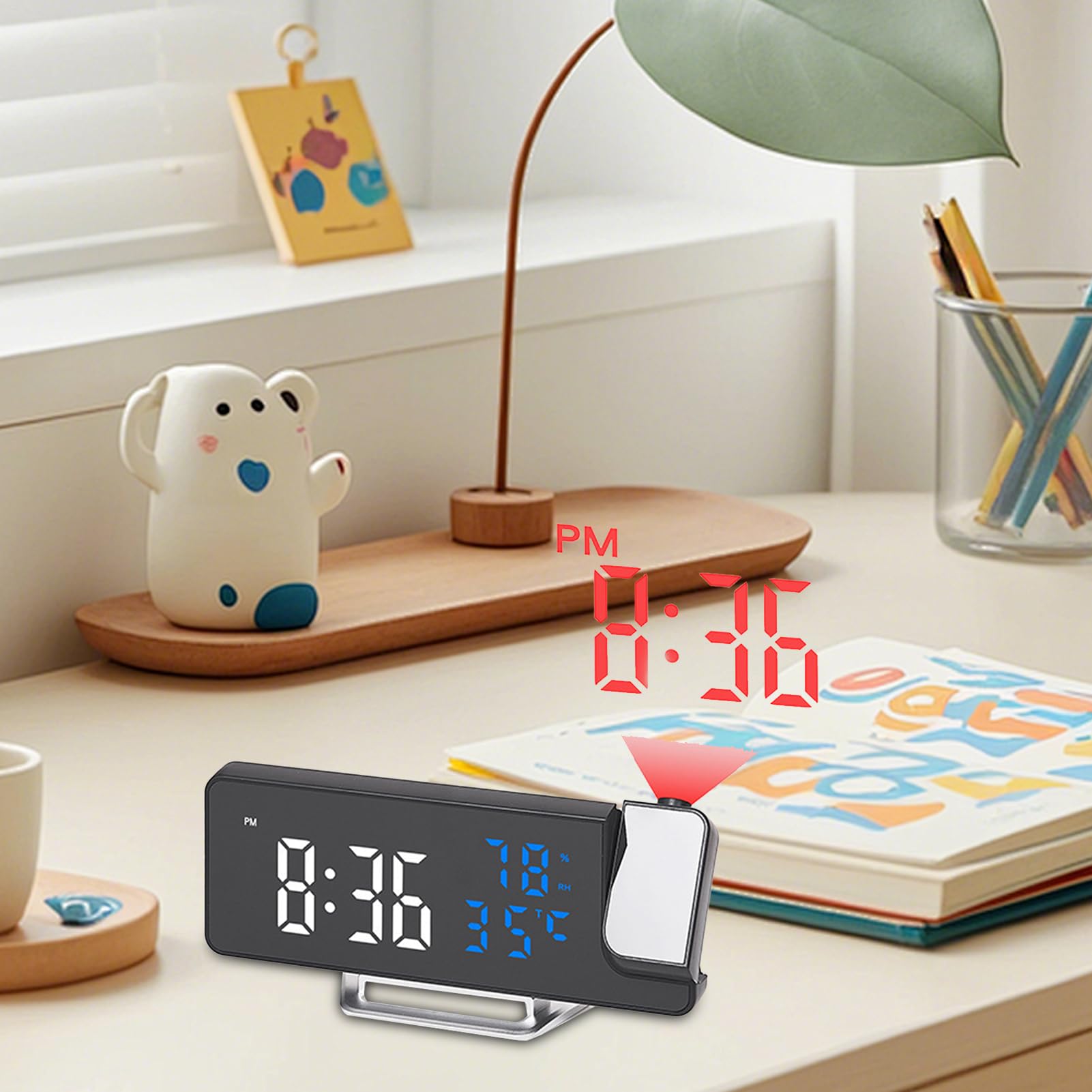 Alarma con proyección digital: reloj con pantalla giratoria ajustable, temporizador LED compacto, sensores de temperatura y humedad | Gadget para la habitación de oficina en casa de diseño elegante