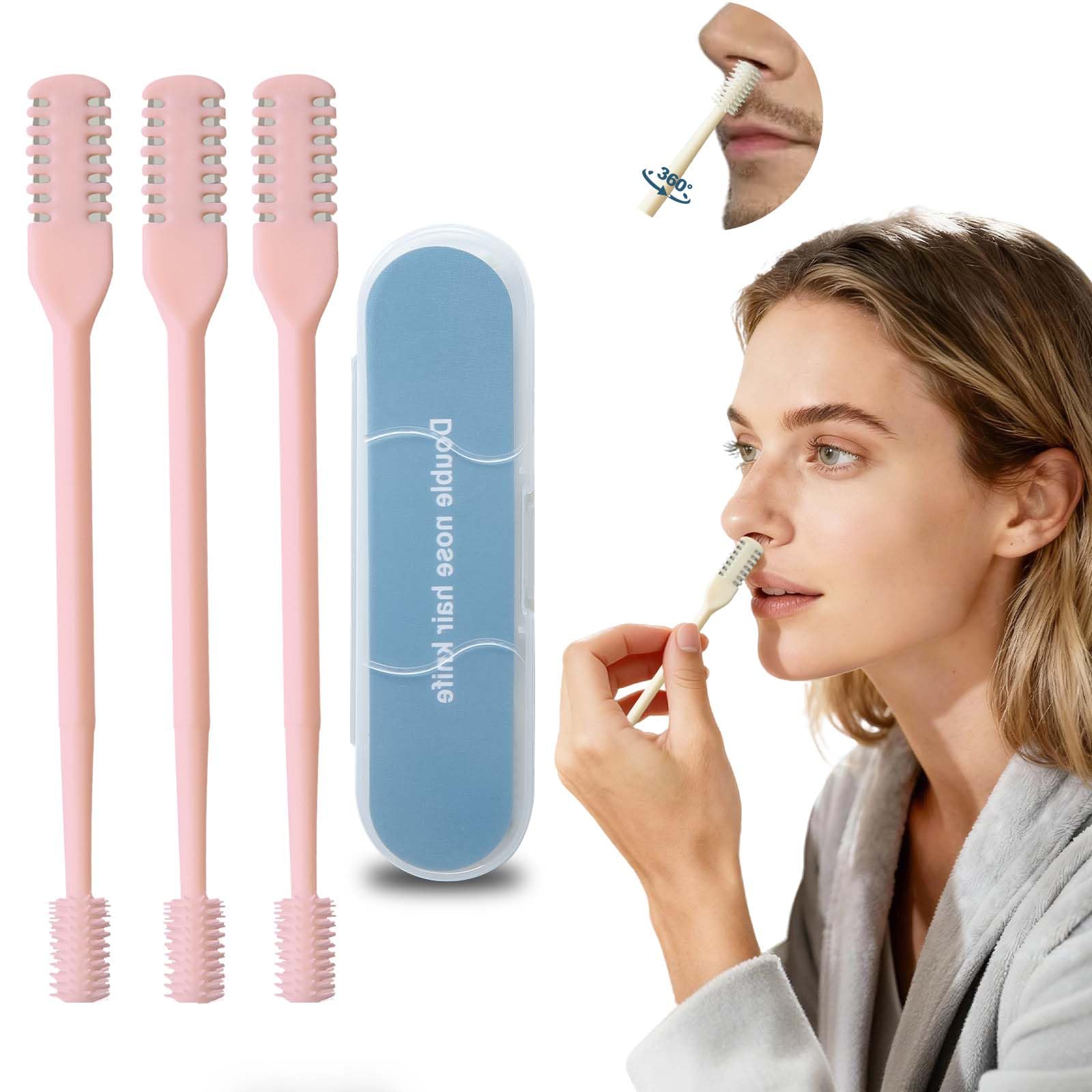 Nasal Hair Trimmer 3 Pack Pink 360 Rotating Double-Sided Manual Nose Hair Cutter Portable Stainless Steel Trimmer for