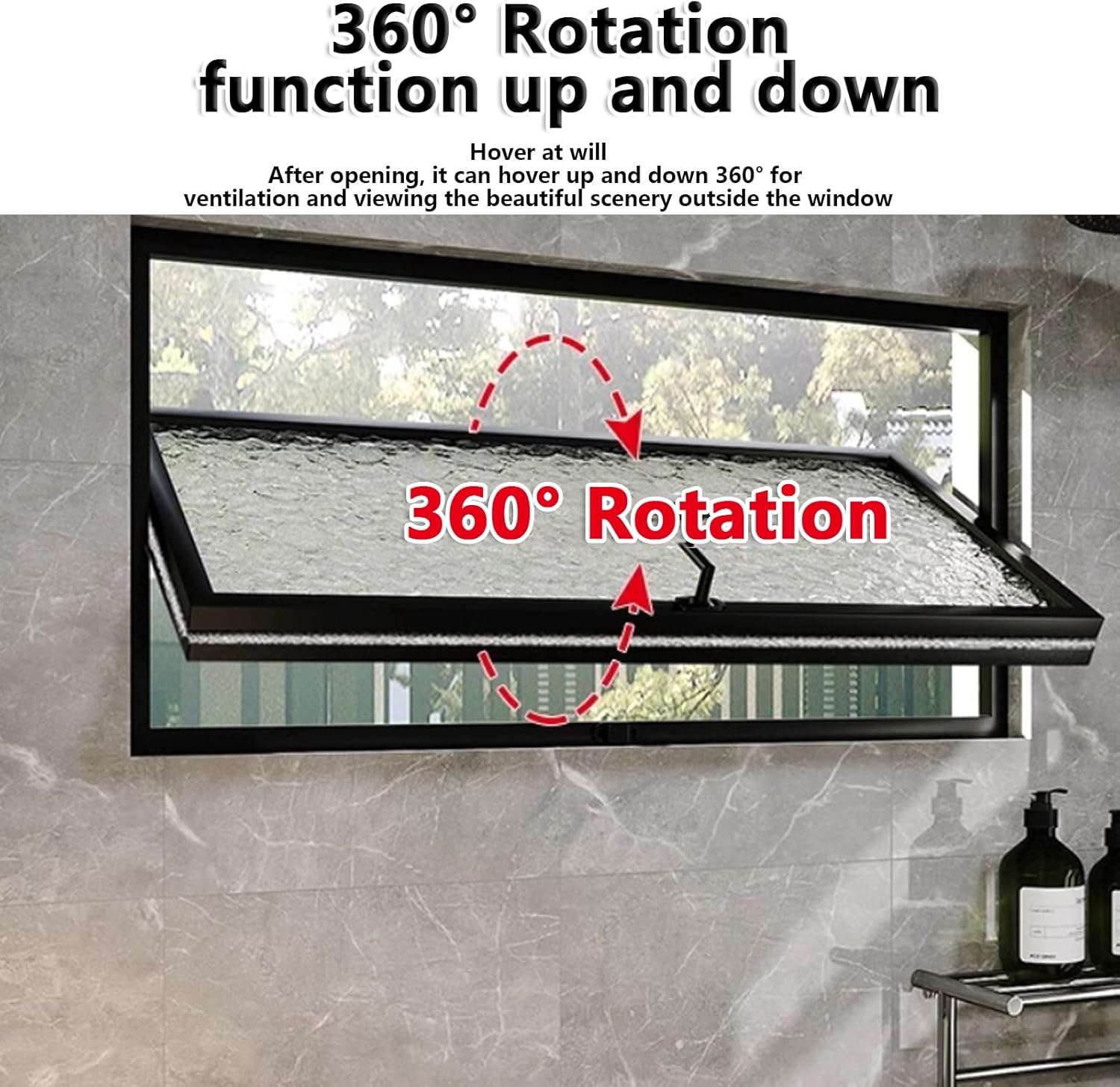 Rectangular Metal Window, Basement window with Privacy Glass, 360° Rotatable Hopper with Handles, Aluminum Flush Mount Bathroom Kitchen Rotating Ventilation Casement Replacement(Black,WxH 26x12