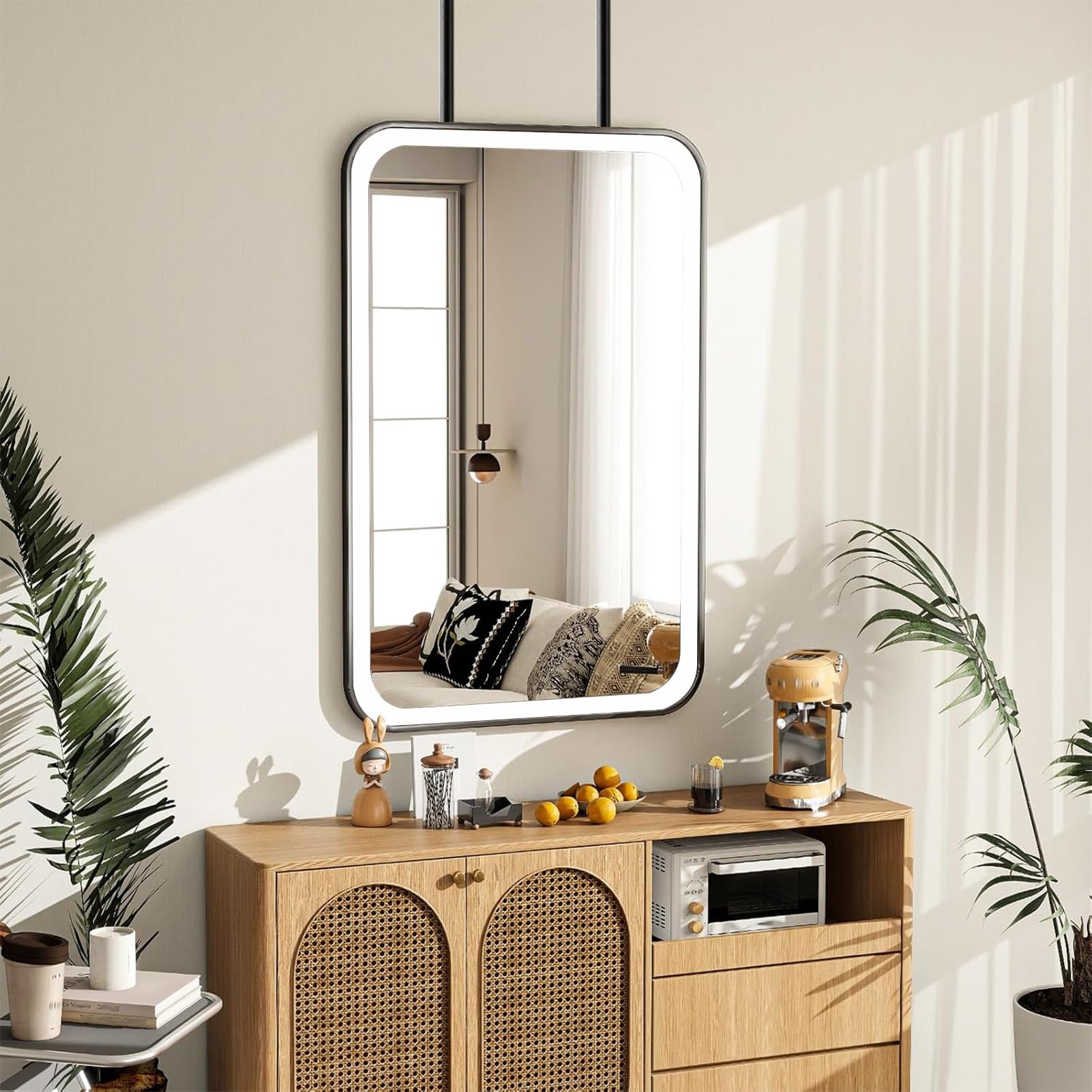 FGXHHS Ceiling Mounted Mirror｜Black Metal Pole Suspended Mirrors LED with Light｜Modern Decorative Simple Makeup For Entrance Living Room(40cmx70cm)