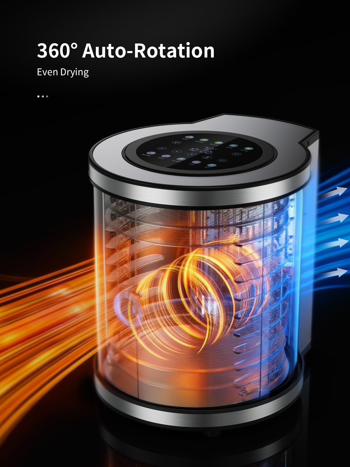 Deshidratador de 10 niveles de acero inoxidable con pantalla LCD – Secador de alimentos con rotación 850 W, 35 – 75 °C, temporizador 1 – 48 h, 9 programas automáticos + DIY LED, silencioso <30 dB