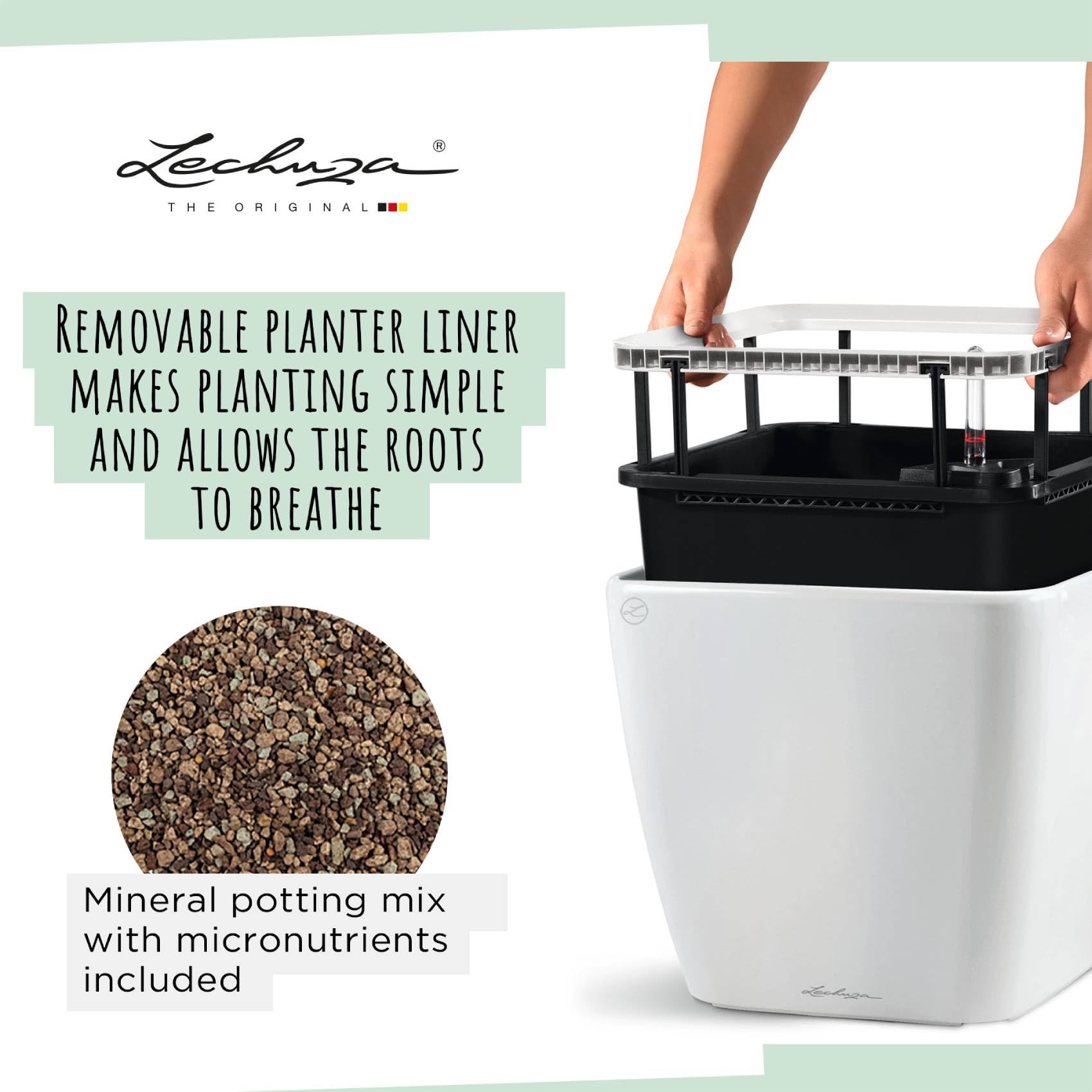 LECHUZA QUADRO LS 50 - Vaso da fiori autoinnaffiante, grande da giardino, per interni ed esterni, con foro di drenaggio e substrato per piante, Bianco lucido