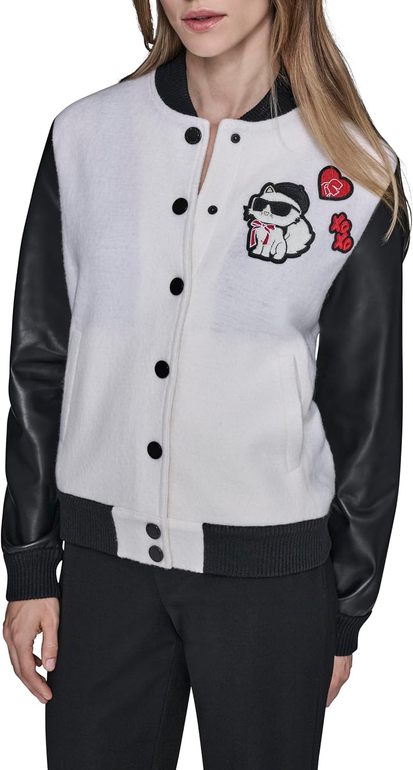 KARL LAGERFELD womens Long Sleeve Varsity Logo Patches Jacket