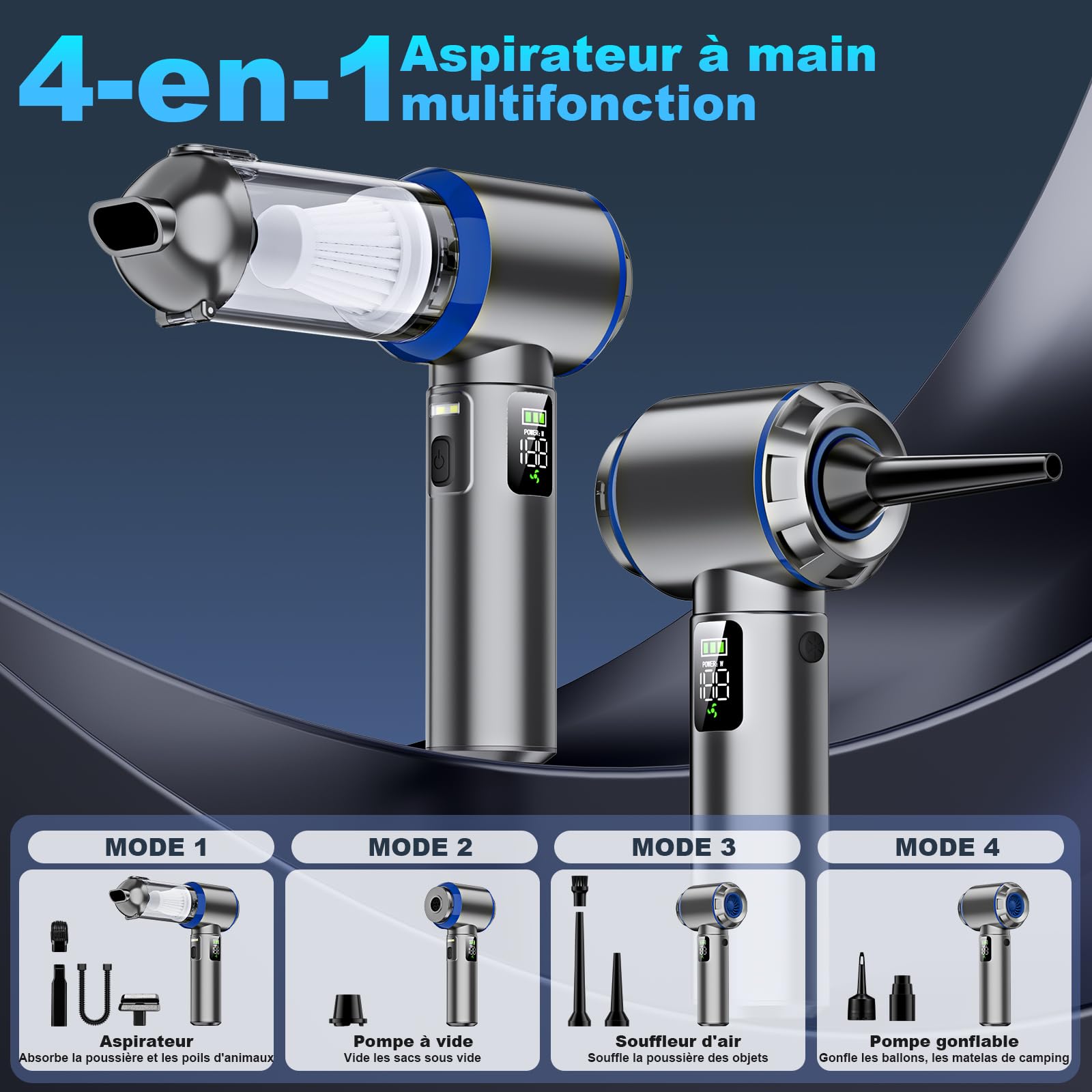 Aspirateur à main sans fil 4 en 1, 32000 PA puissant, aspirateur à main de voiture, 3 vitesses 300 000 tr/min, moteur sans brosse, écran LCD, pour voiture, bureau