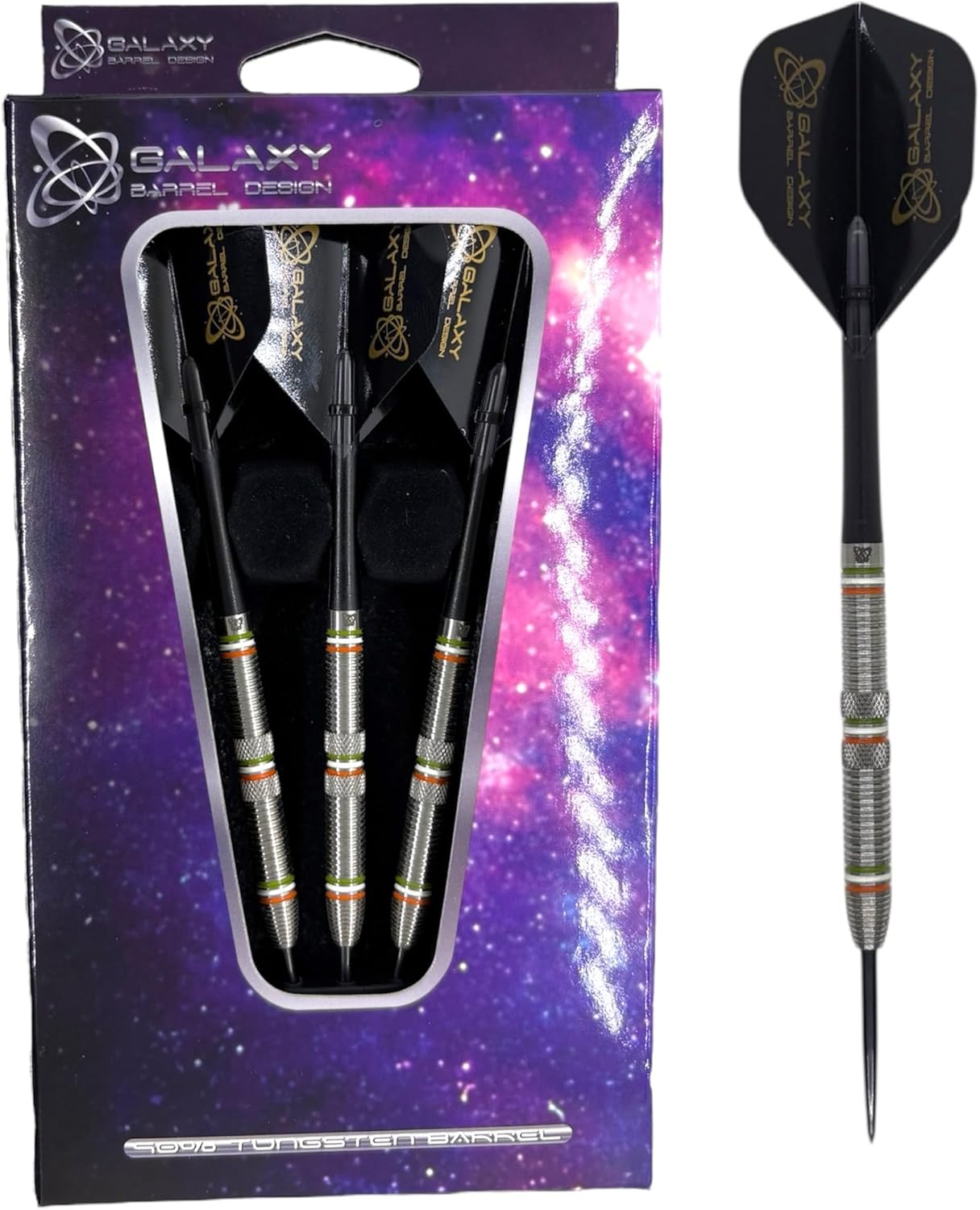 Galaxy Barrel Design Realta Steel Tip Darts, 90% Tungsten, 23g Weight, 54mm Length, Silver with Irish Flag Accents, Competition Grade, 3-Piece Set with L-Style Shafts