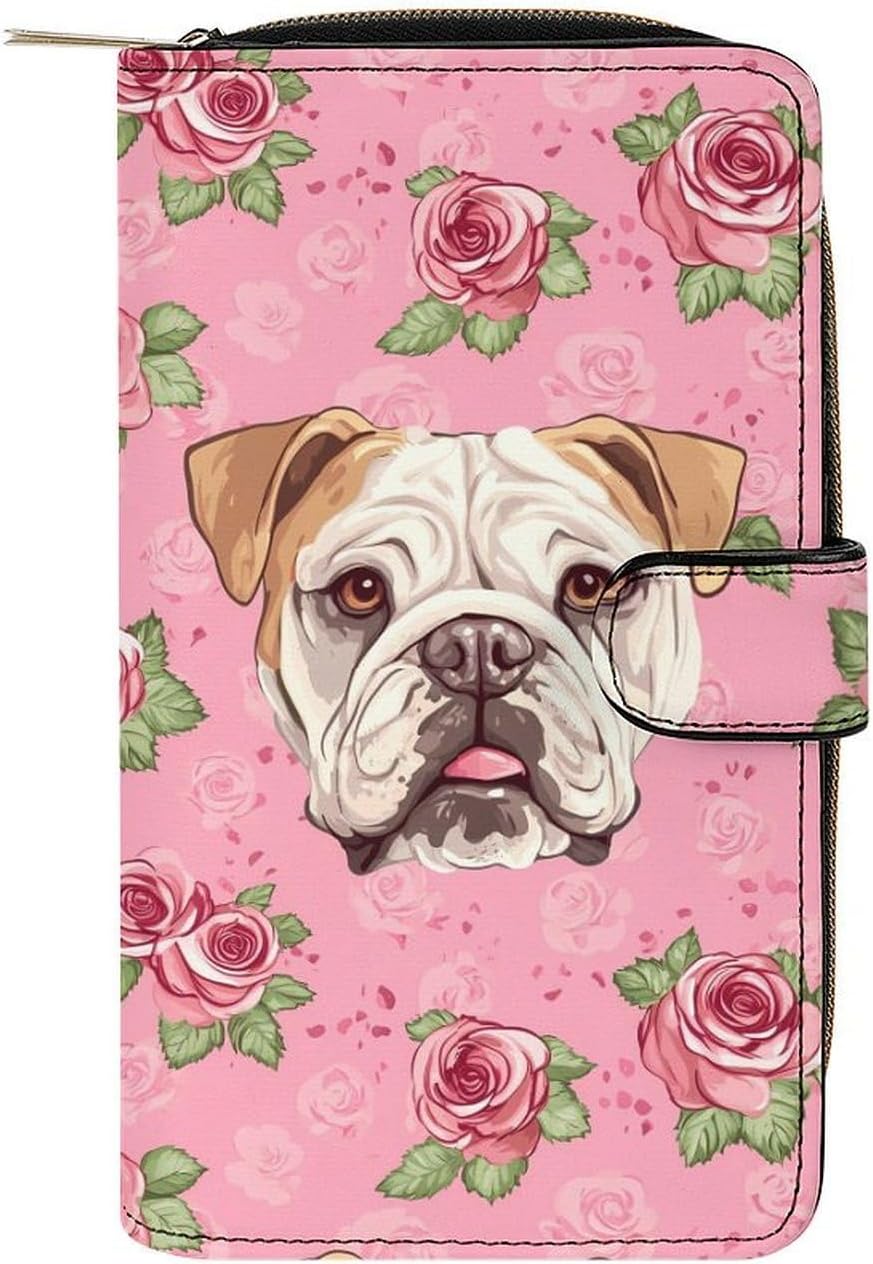 Flower Boston Bulldog Women's Long Wallet Leather Large Capacity Wristlet Clutch Purse Wallets