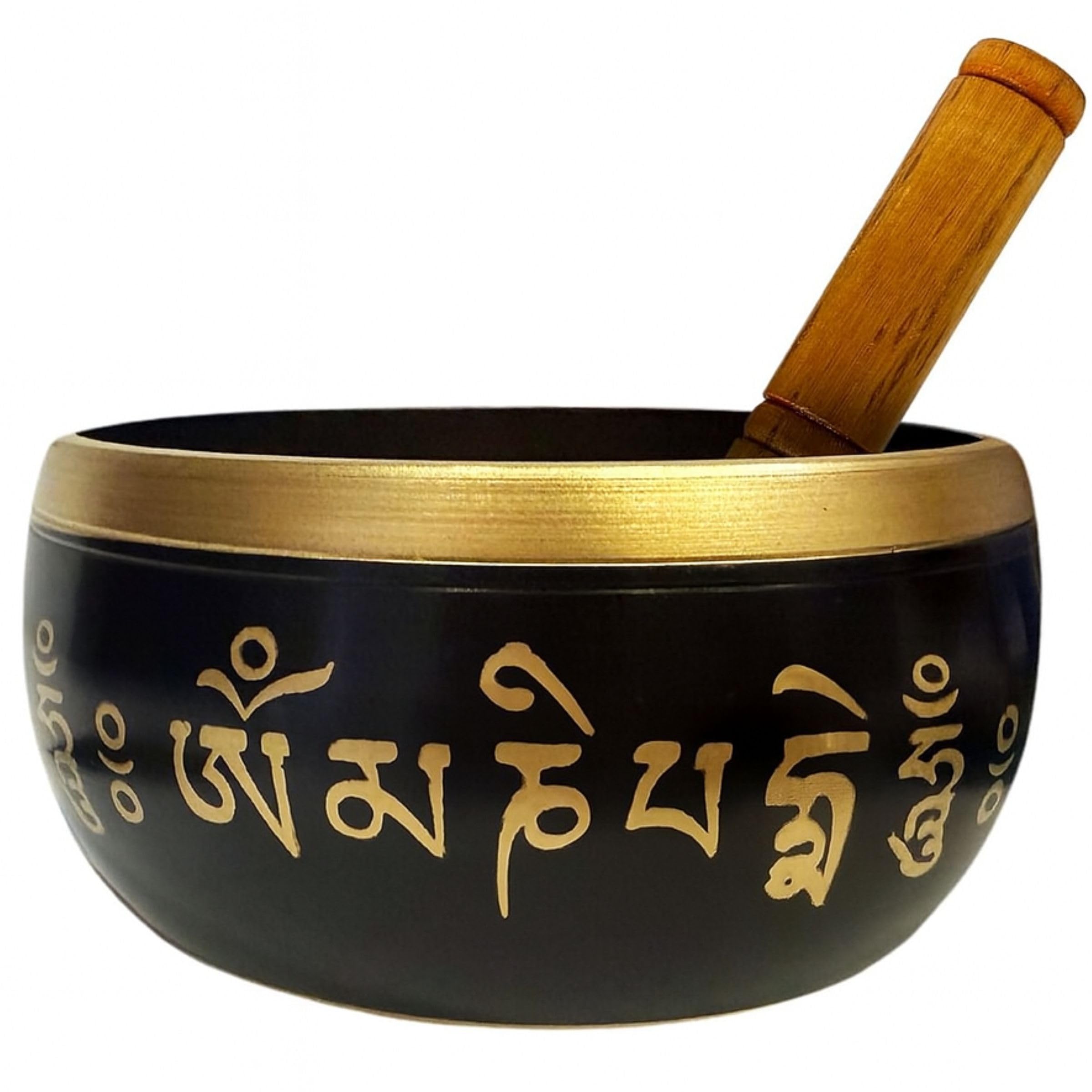 HOME GENIE Brass Tibetan Singing Bowl with Wooden Mallet, Black, L(13X13cm)