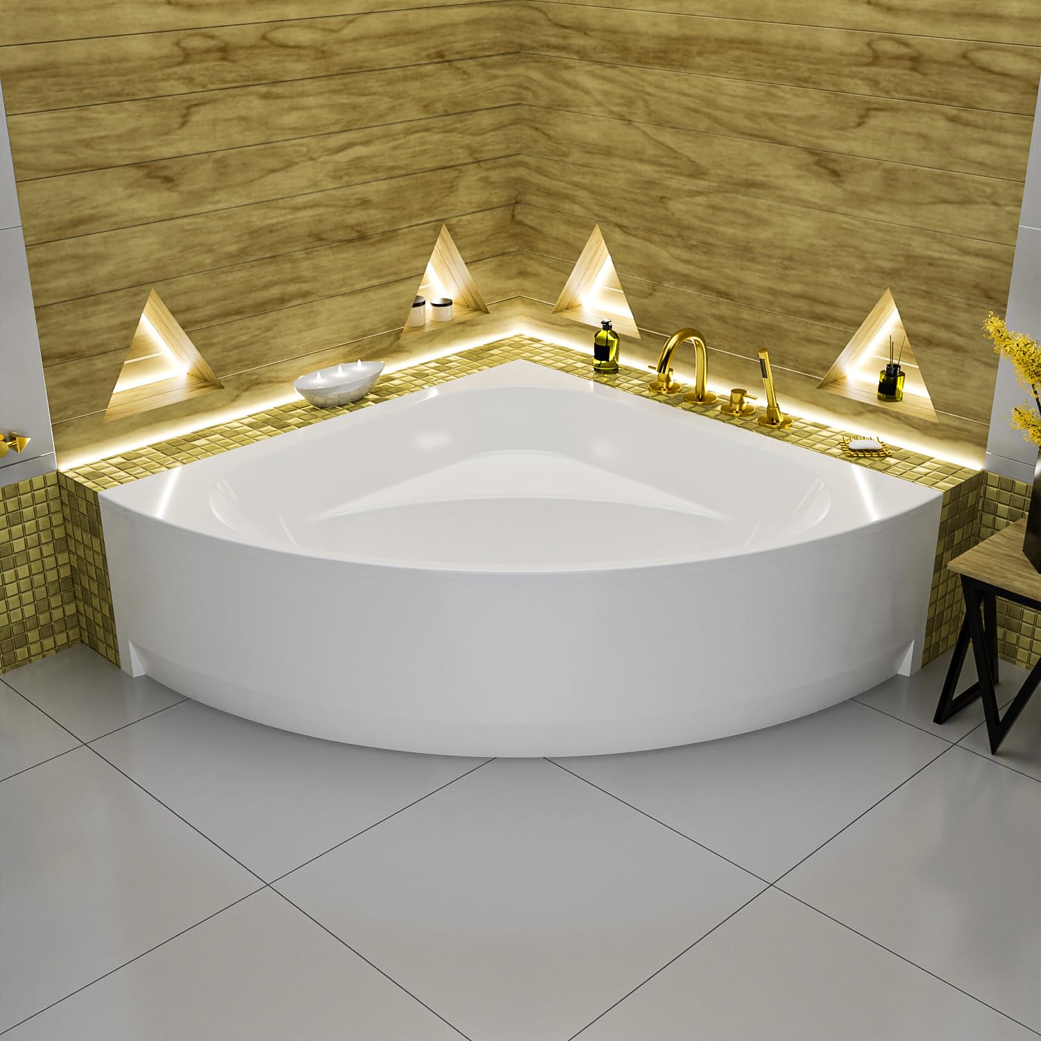 ECOLAM Baignoire d'angle acrylique symétrique Dina 140x140 cm | tablier en acrylique | pieds siphon et silicone