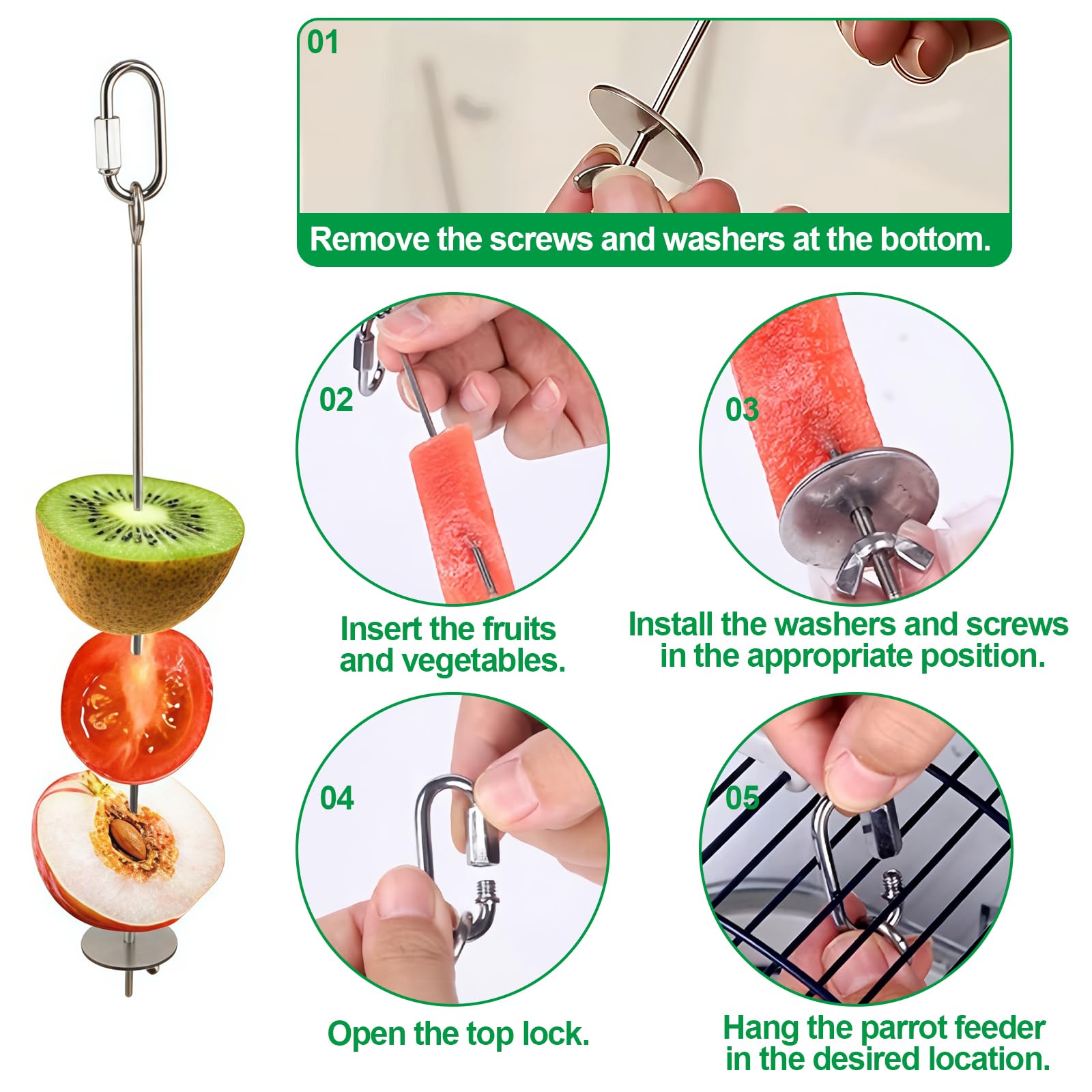 3 Pcs Bird Cage Food Holder Stainless Steel Parrot Fruit & Vegetable Skewer Hanging Foraging Toy for Parakeets, Budgies, Macaws