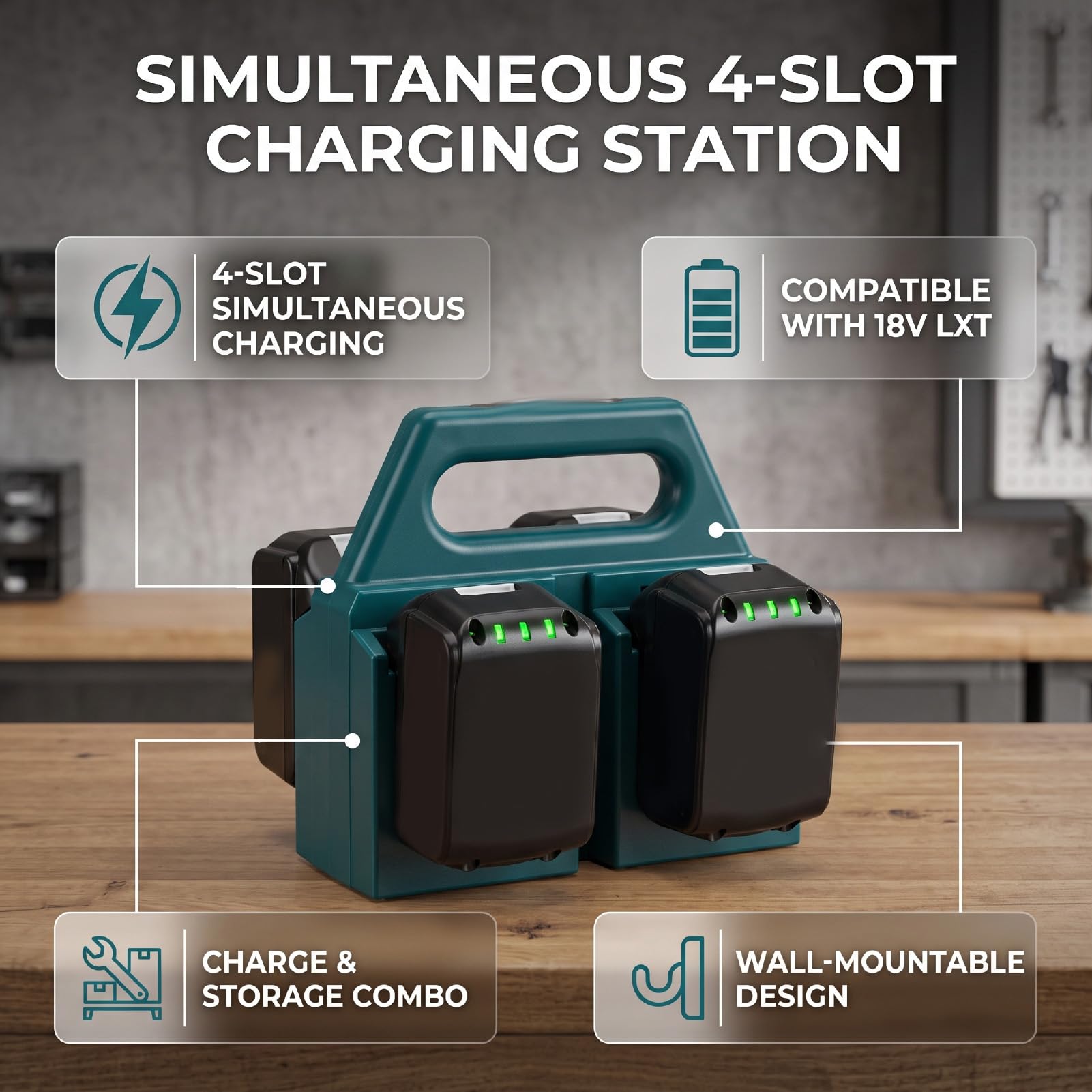 Garosa Caricabatterie a 4 Slot per Utensili Elettrici, Stazione di | Con Maniglia, Supporto Integrato per Batterie e Design Compatto, Facile da Trasportare