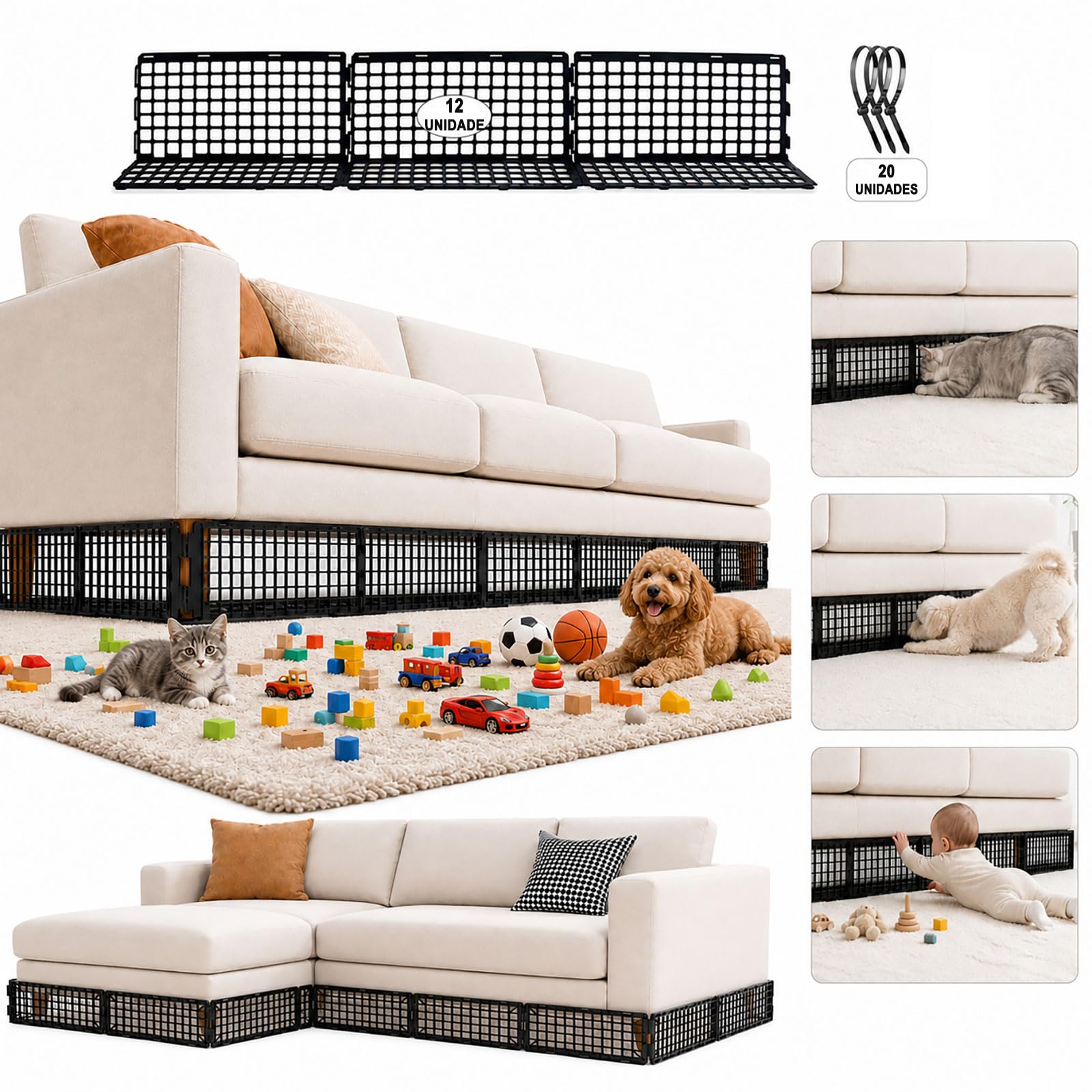 12 Piezas Bloqueador de Juguetes Debajo Sofa para Mascotas, Ajustable Bloqueador Bajo Cama & Sillón, Barrera Plástica Huecos, Protector Muebles con 20 Bridas