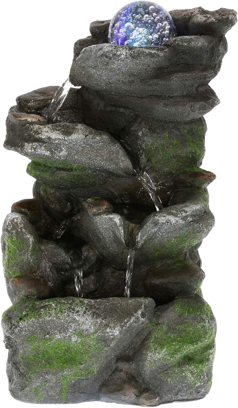 WICHEMI Water Fountains Indoor with Colorful Rolling Ball, Stacked Rocks Waterfall Feature - Quiet and Relaxing Water Sound - Tabletop Relaxion Fountains for Home Office Decor (Style 9)