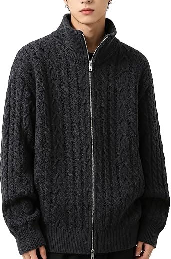 Mens Cable Knit Full Zip Sweater Stand Collar Fashion Casual Sweater Cardigan Long Sleeve Winter Sweaters