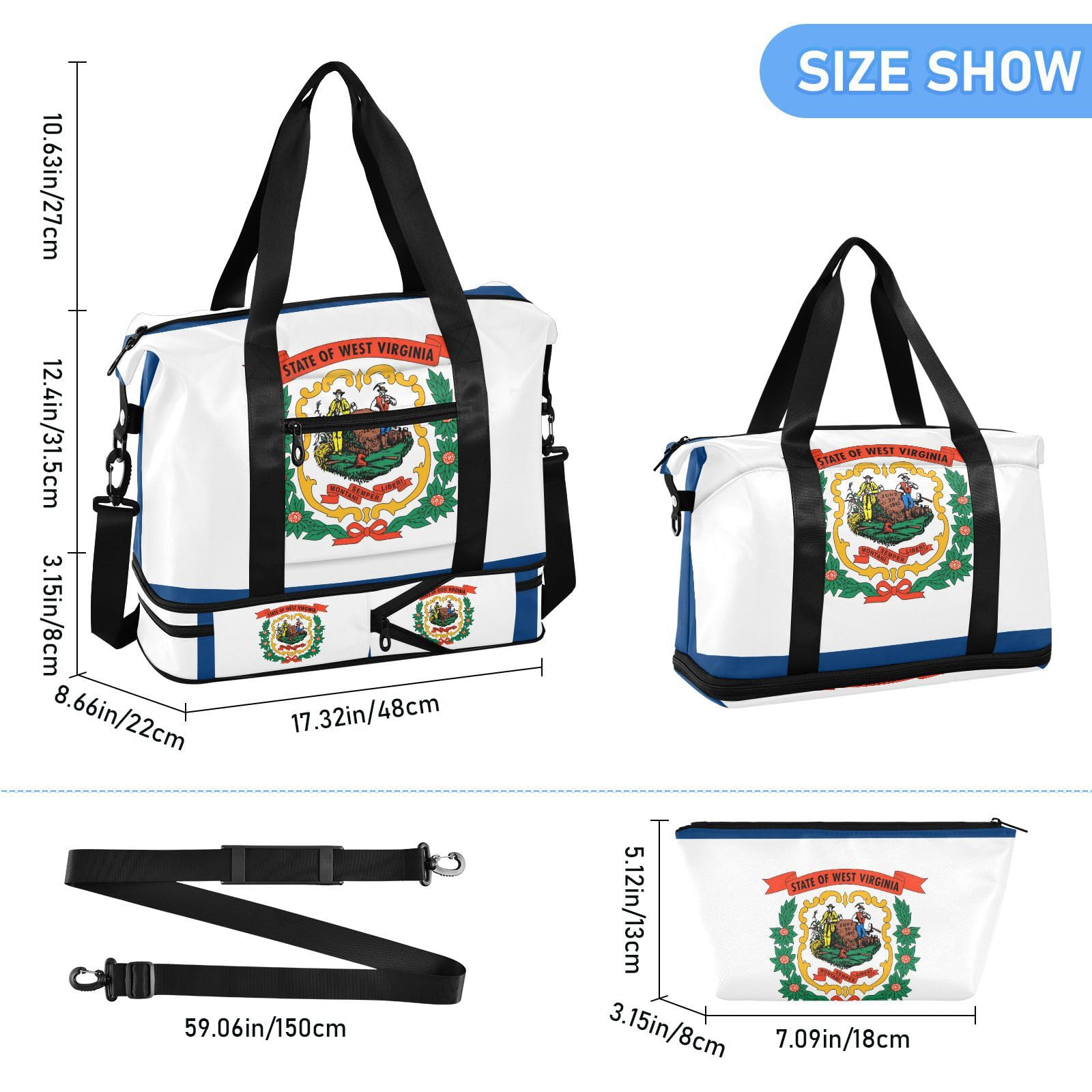 West Virginia State Flag Wv Carry on Weekender Overnight Bag with Wet Pocket Adjustable Strap Gym Sports Carry for Sports Waterproof for men women
