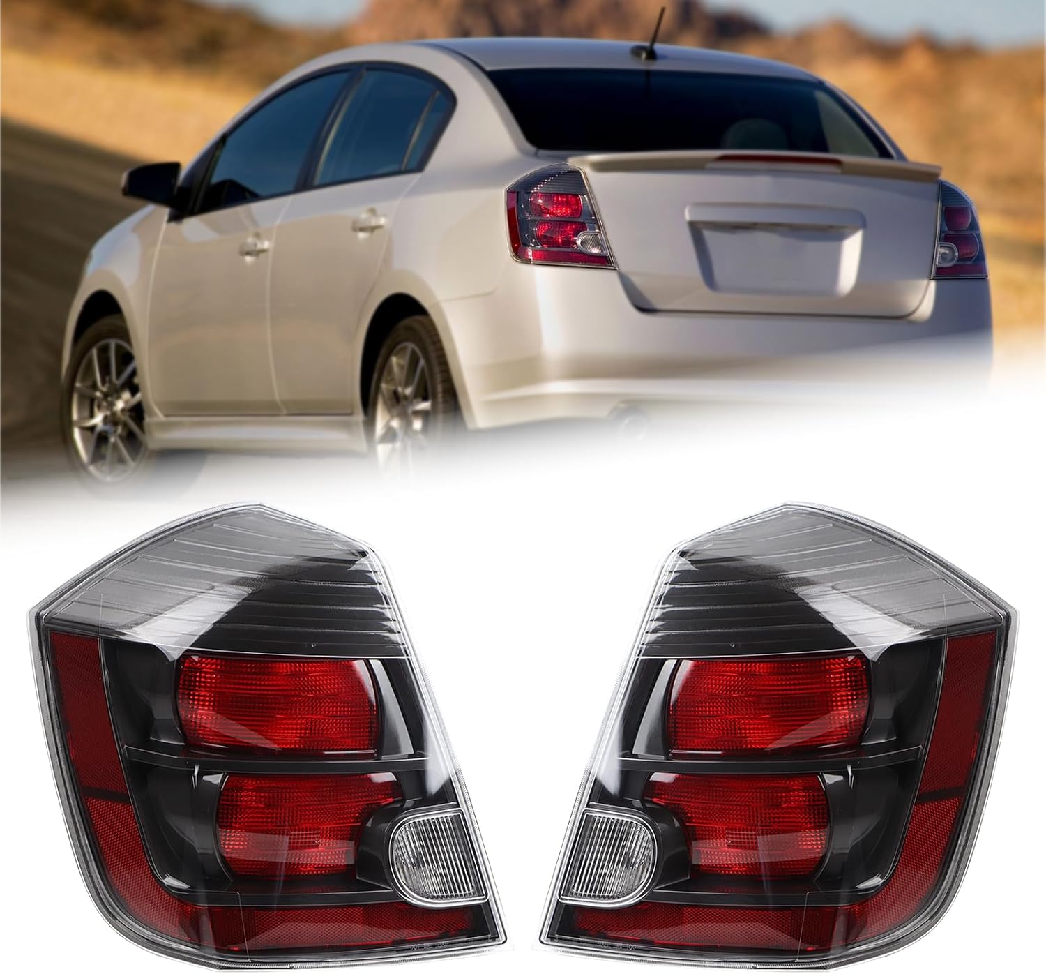 Smoked Black Pair Tail Lights Rear Lamp Assembly Compatible for 2007-2009 Nissan Sentra (w/Bulb & wire harness) Left+Right