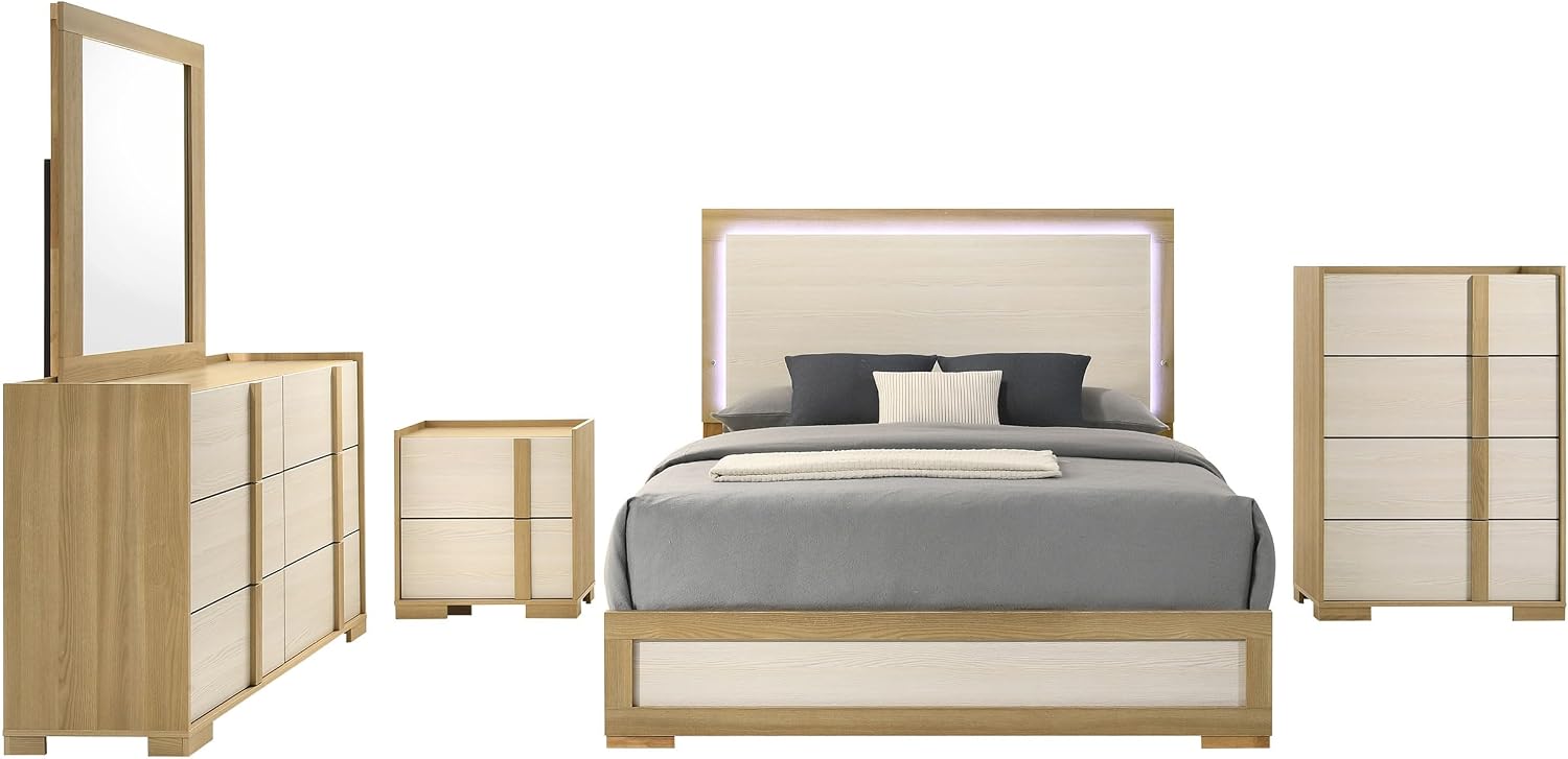 Coaster Home Furnishings Hyland Coastal 5-Piece Bedroom Set Upholstered Queen Size LED Panel Bed Frame 52-inch Headboard Natural 215651Q-S5
