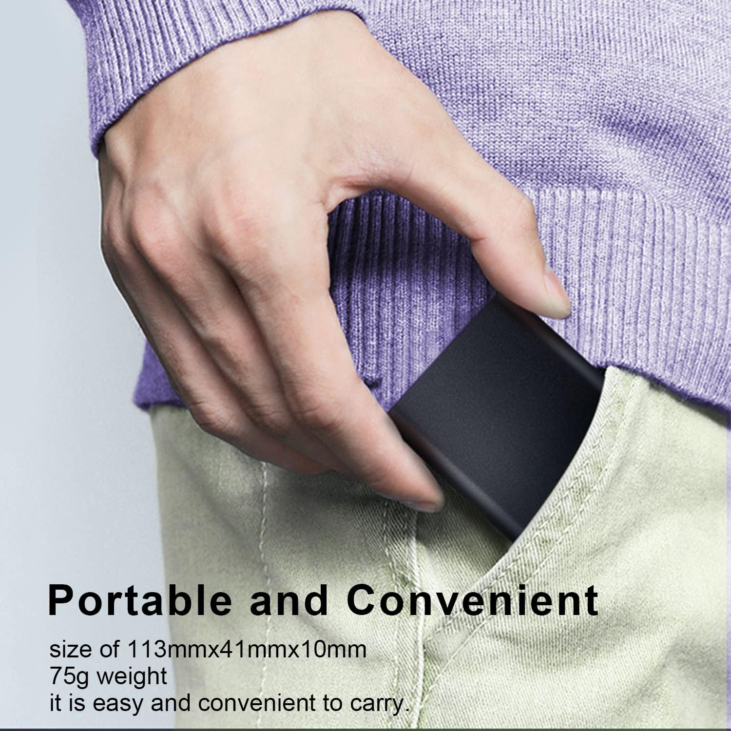 Hikvision T200N Portable SSD in a pocket, demonstrating portability