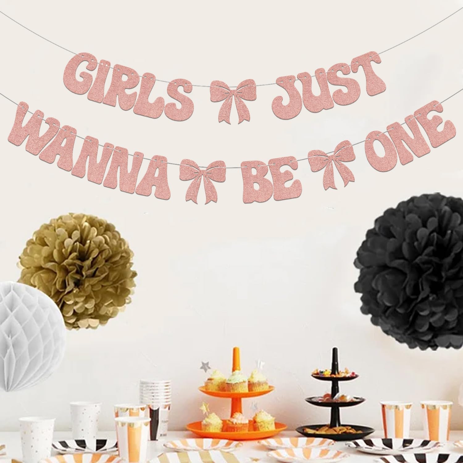 Bow Girls First Birthday Party Decoration - Girls Just Wanna Be One Banner - 1st Birthday Banner for Girl Rose Gold Glitter
