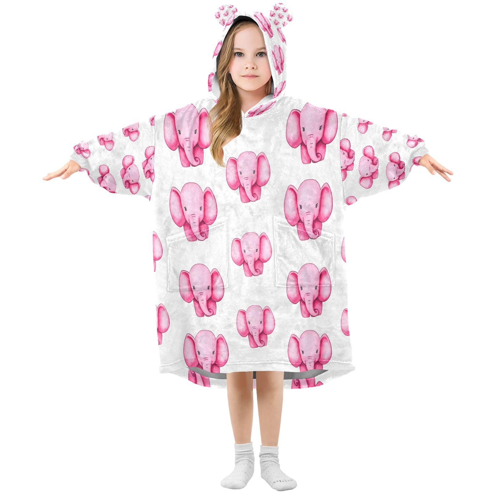 Ewusp Pink Elephant Wearable Blanket Hoodie for Kids Oversized Hooded Sweatshirt Flannel Blanket with Pocket