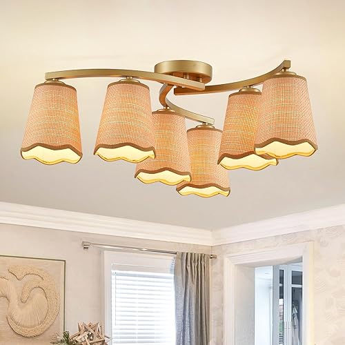 XINGQI Boho Rattan Chandelier 6 Lights 23 Inch Rustic Farmhouse Semi Flush Mount Ceiling LightIing Fixture Woven Fabric with Gold Meatl Lampbody for Kitchen Island Bedroom Dining Room