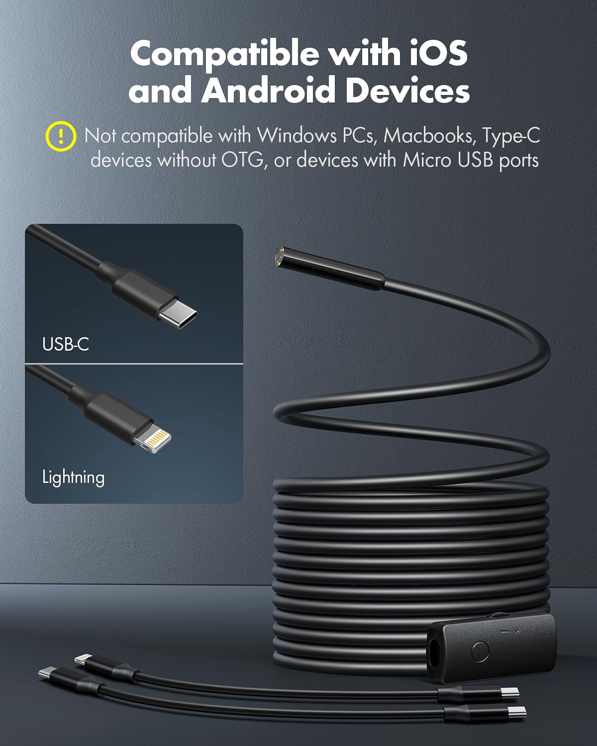 Anykit Endoscope Camera with Light, 1920P HD Borescope with 8 Adjustable LED Lights, Semi-Rigid Snake Camera with Light, IP67 Waterproof Inspection Cam for iPhone & Android, 16.5 ft Single Lens
