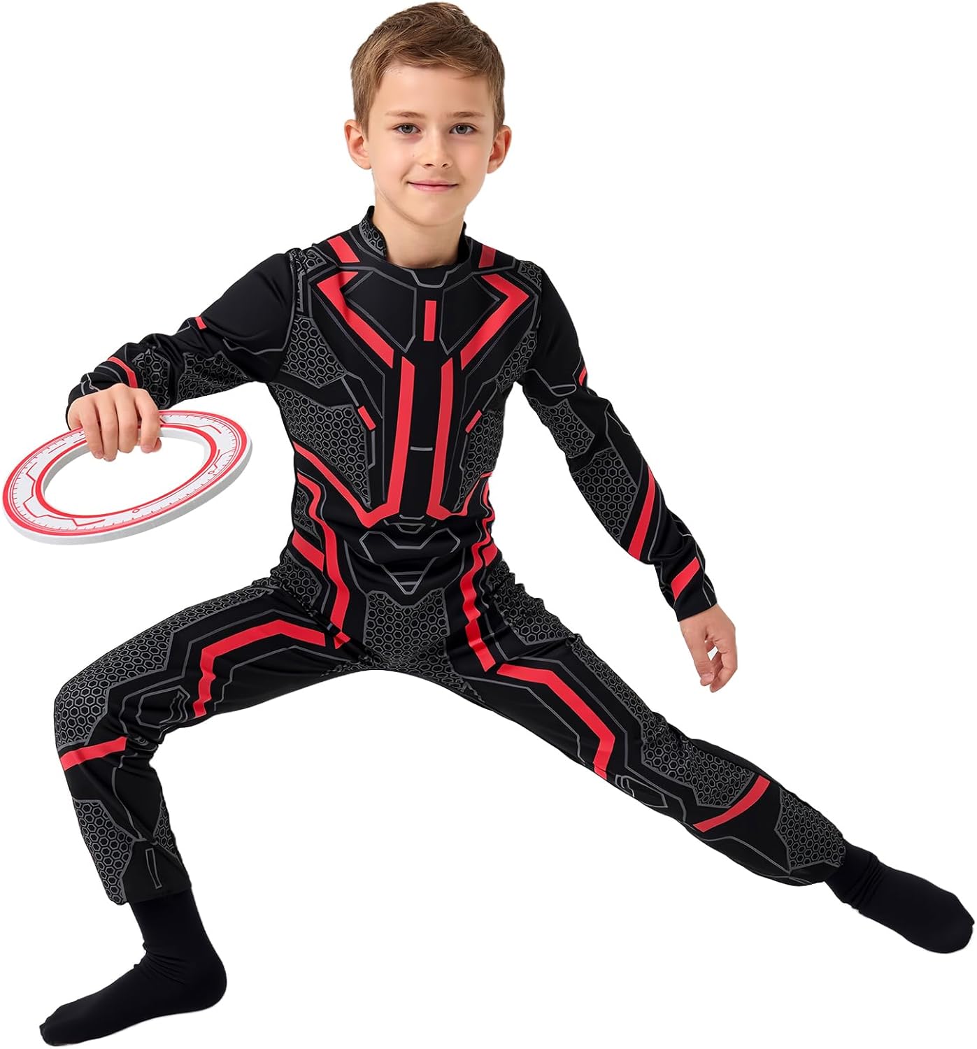 Kids Costume for Boys, Hero Cyberspace Jumpsuit with Glow in The Dark Luminous Frisbee for 4-12