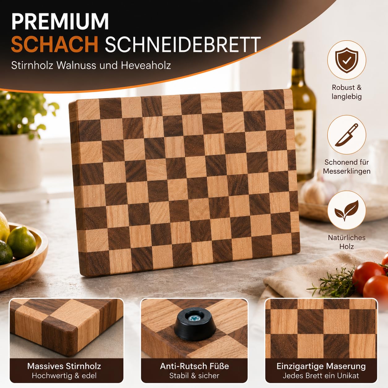 Premium Schneidebrett Stirnholz Schachbrett mit Saftrille aus Walnuss- und Heveaholz - 40 x 30 x 3 cm Hochwertiges Küchenbrett aus Holz - Holzschneidebrett groß mit Standfüßen - Hackblock