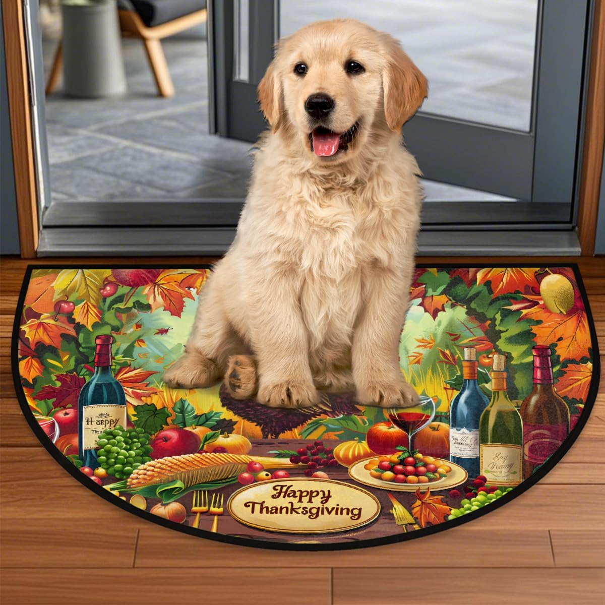 Half Round Door Mat Turkey Art Thanksgiving Non-Slip Soft Semi Circle Rug Washable Half Moon Welcome Entrance Doormat for Outdoor Indoor Floor Bedroom Bathroom Home Kitchen Festival Decor Gift