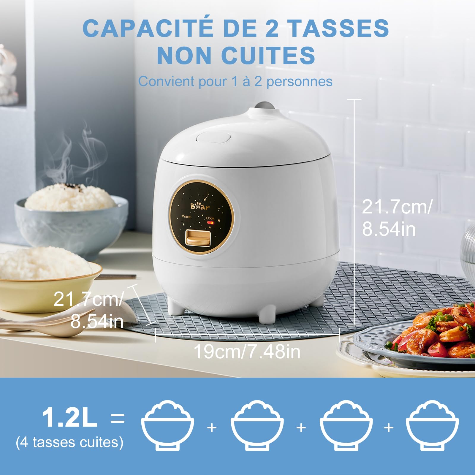 Bear Cuiseur à riz 2 tasses non cuit, 1.2L, blanc, avec revêtement antiadhésif, sans BPA, mini cuiseur à riz portable, un bouton pour cuire et maintenir au chaud
