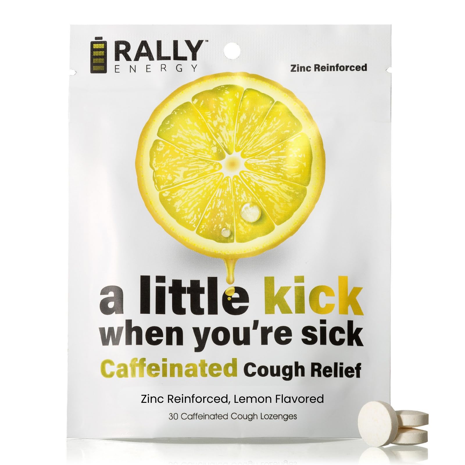Lemon Flavor Cough Drops by Rally Energy, Cough Relief with Caffeinated Zinc Reinforced Lozenges, Boost Your Energy, Focus, and Productivity - Zero Calorie Throat Lozenges (30)
