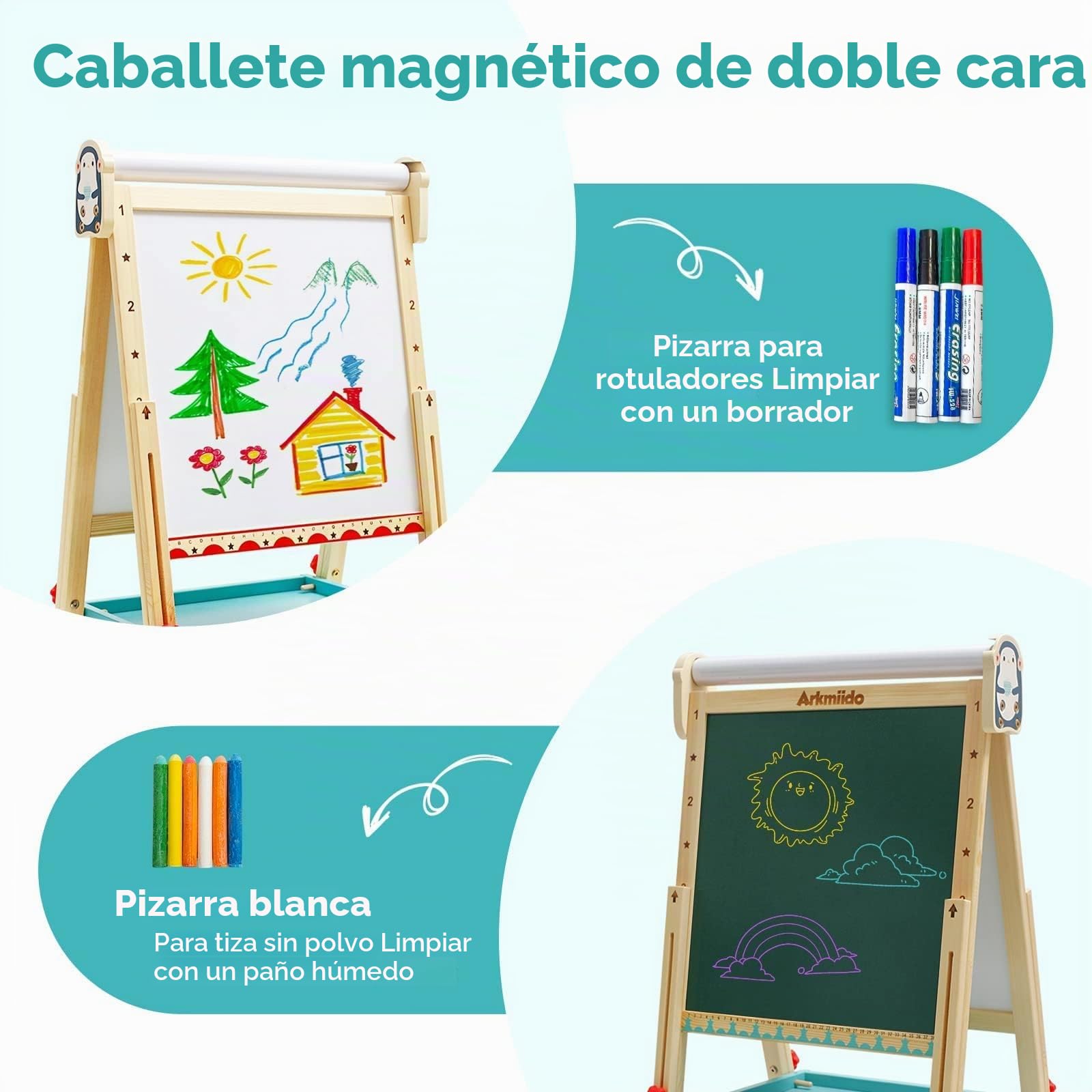 Caballete para Niños, Caballete de Arte de Madera con Altura Ajustable con Rollo de Papel, Bandeja de Almacenamiento y Otros Accesorios, Pizarra y Pizarra Independiente para Niños y Jóvenes