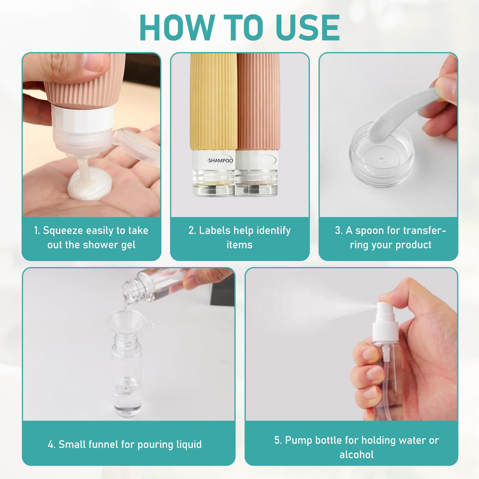 Flacon Voyage, Kit Voyage Produit Toilette, Ensemble de 16 Flacons de Voyage en Silicone Réutilisables, Contenant Voyage Souple et étanche Voyage Accessoires