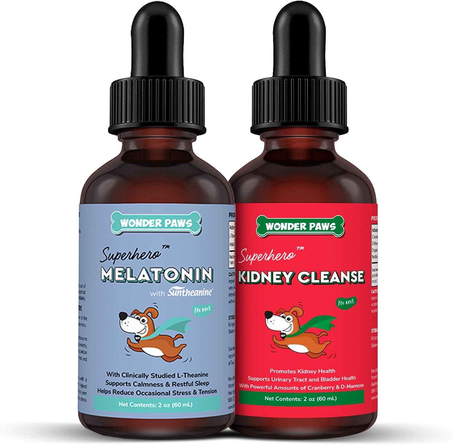 WONDER PAWS Melatonin Drops Plus Kidney Cleanse Drops - for Dog Relaxation, Urinary Tract, Kidney & Overall Wellness – Melatonin 2 Ounces - Kidney Cleanse 2 Ounces