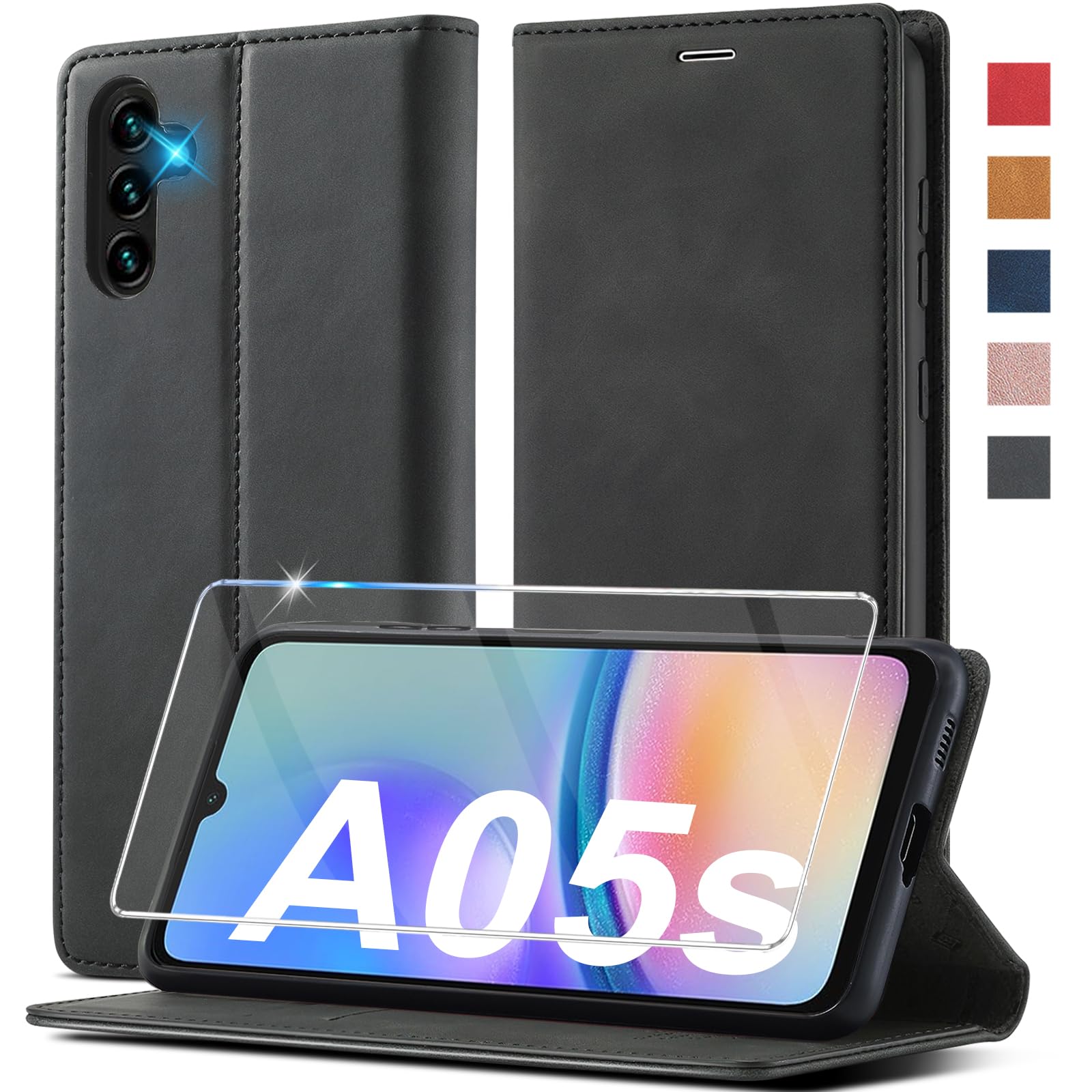 Handyhülle für Samsung Galaxy A05S Hülle Leder [Mit A05S Schutzfolie] für Samsung Galaxy A05s Hülle Klappbar Leder Flip Wallet 360 Stoßfeste Case Schutzhülle Klapphülle für Samsung A05S Holster