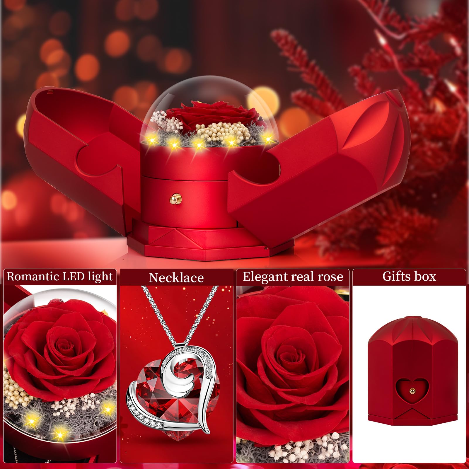 Preserved Real Red Rose with Necklace -Mothers Day Gifts for Mom Her Wife Girlfriend Women Grandma on Valentines Mothers Day Sweetest Day Christmas Anniversary Romantic-Red
