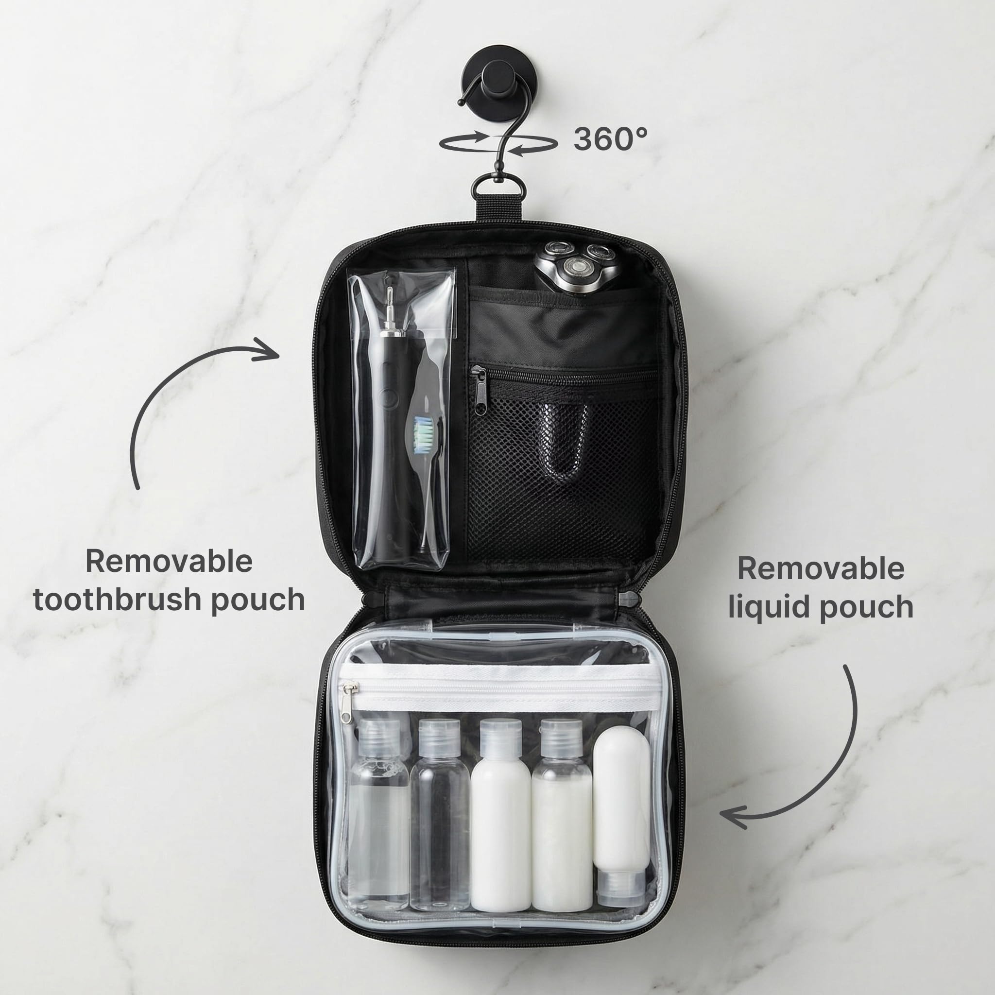 NOMADIA® Beauty case uomo & borsa cosmetica da viaggio con sacchetto TSA 1L rimovibile (TPU senza BPA) – Trousse sospendibile 2‑in‑1 per bagaglio a mano, liquidi e accessori