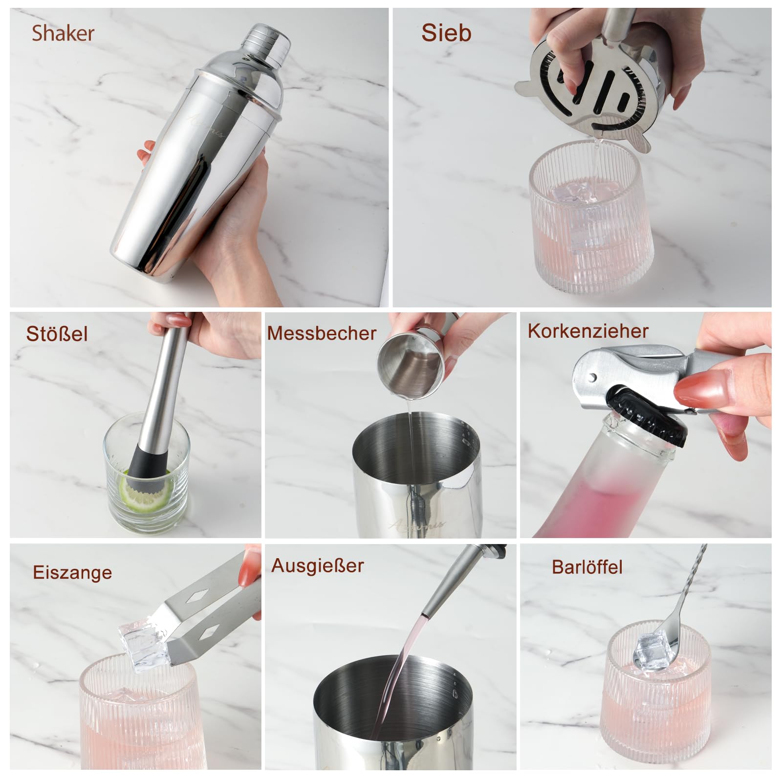 23-teiliges Barkeeper-Set, Cocktail-Shaker-Set mit Ständer|Bar-Getränkemixer-Set mit allen wichtigen Bar-Tools: Martini-Shaker, Sieb, Löffel, Stößel, für Zuhause, Bar, Party (braun-F)